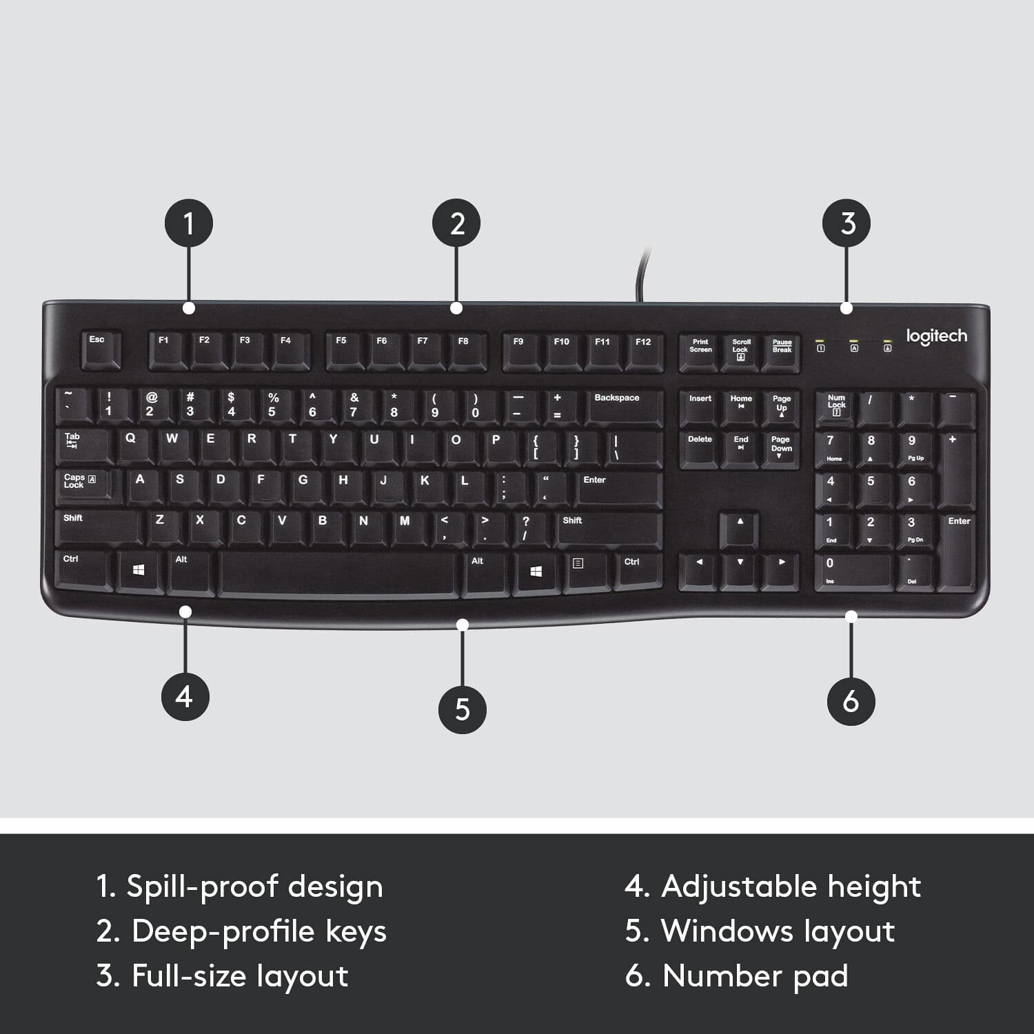 Logitech K120 full-size wired USB keyboard with quiet keys and slim profile