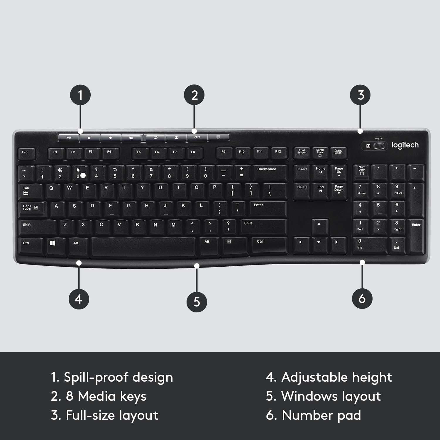 Logitech K270 wireless keyboard with full-size layout and USB receiver