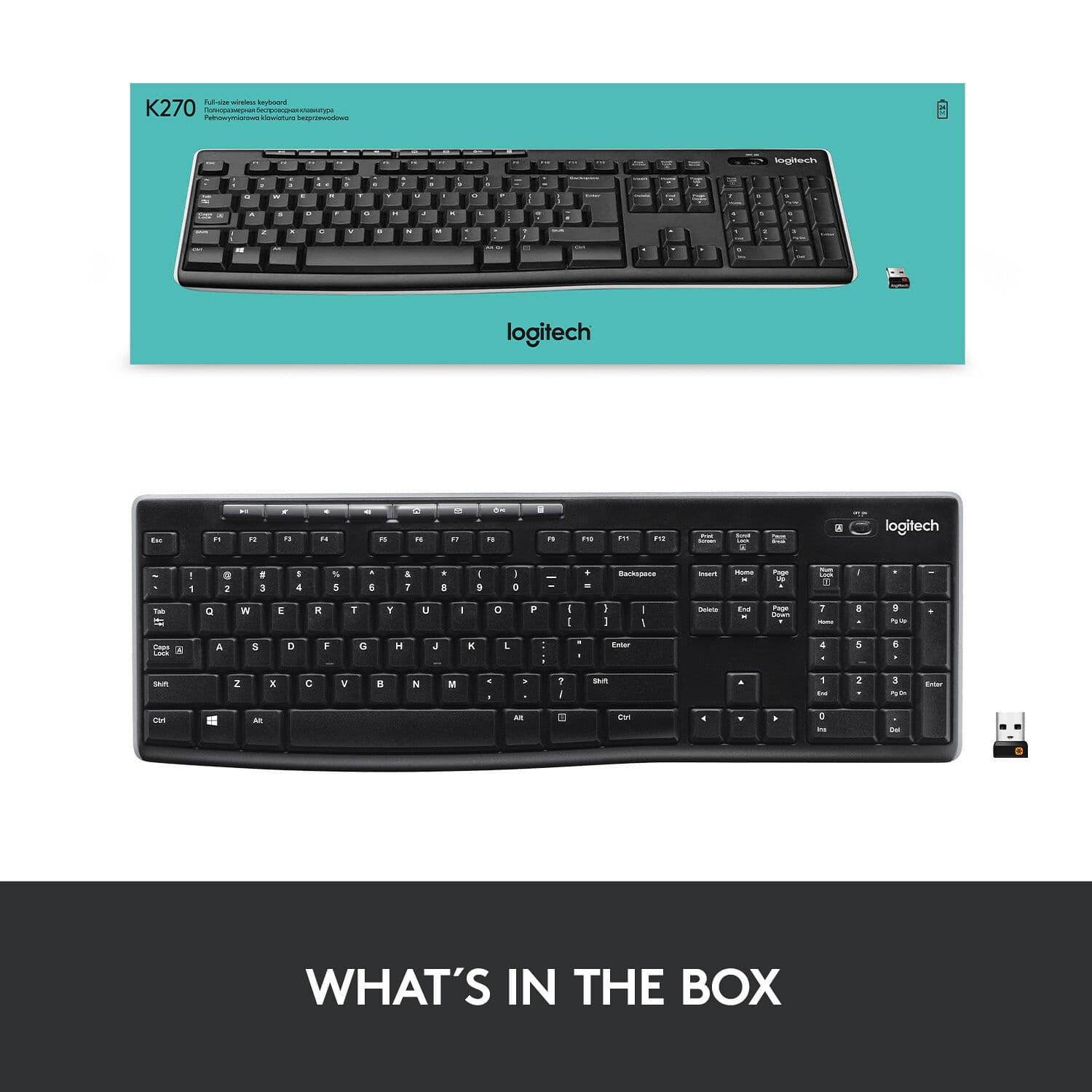 Logitech K270 wireless keyboard with full-size layout and USB receiver