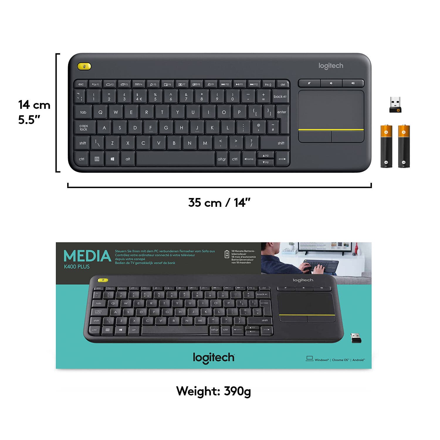 Logitech K400 Plus wireless keyboard with integrated touchpad for Smart TV and couch control