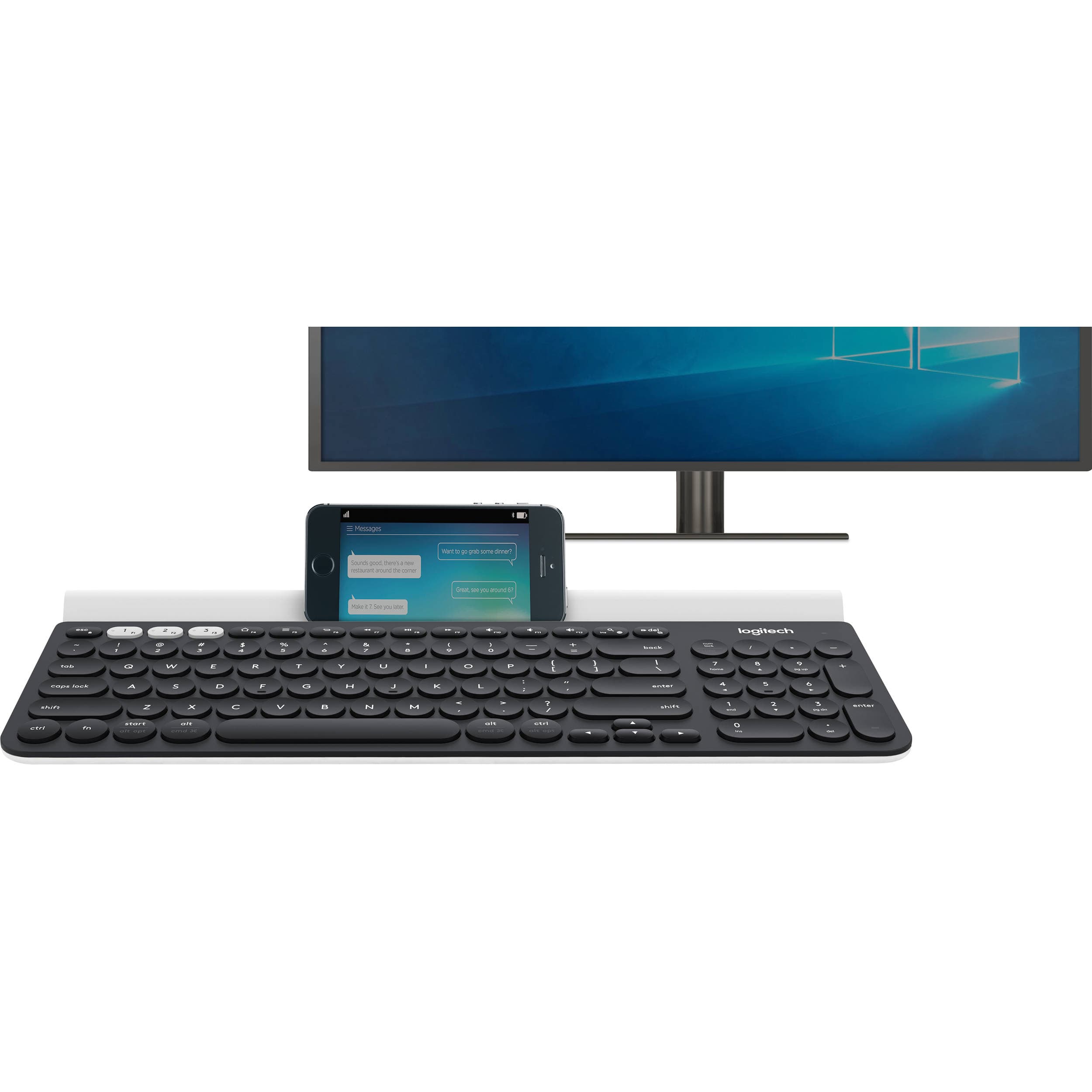 Logitech K780 Multi-Device Wireless Keyboard in dark gray with integrated device cradle