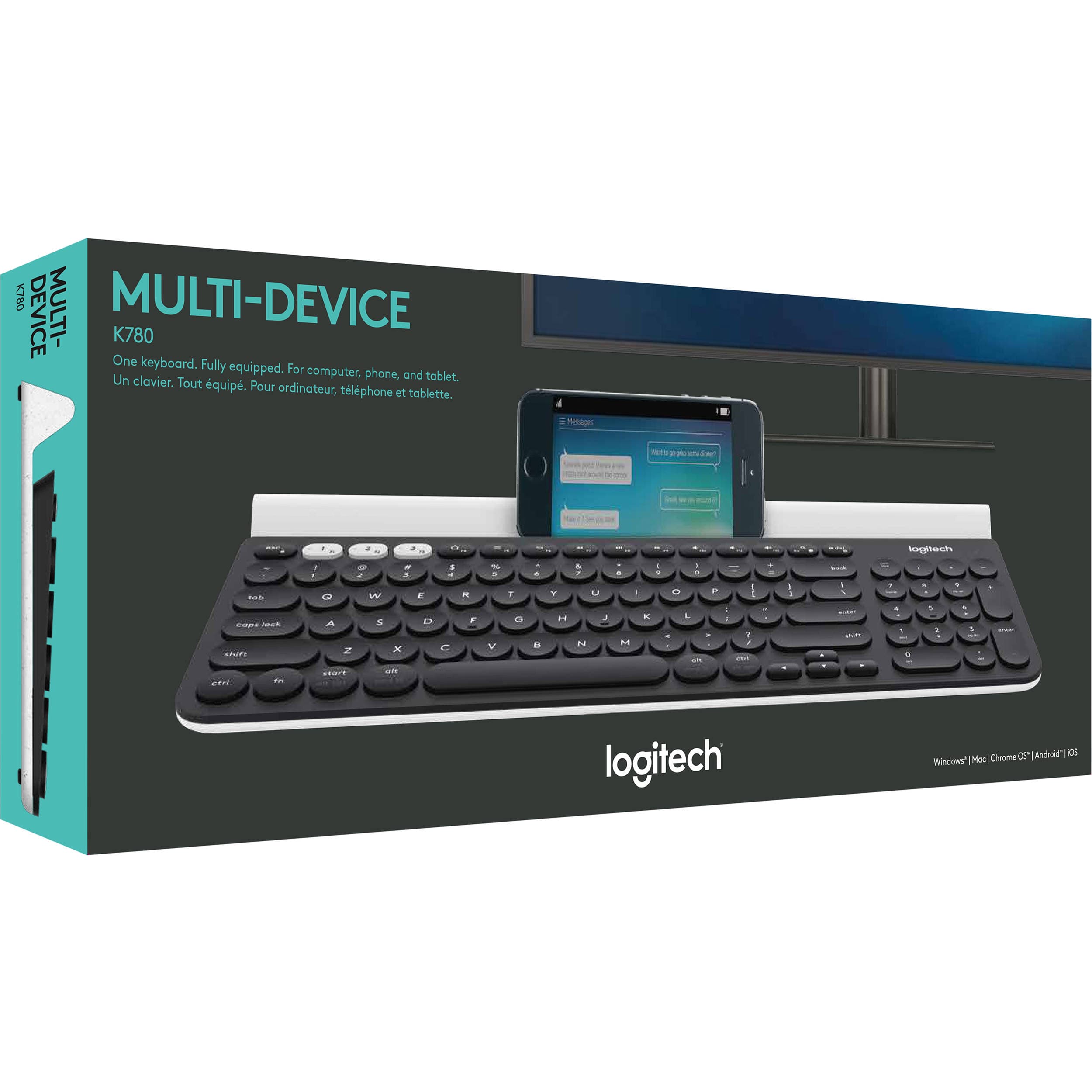 Logitech K780 Multi-Device Wireless Keyboard in dark gray with integrated device cradle