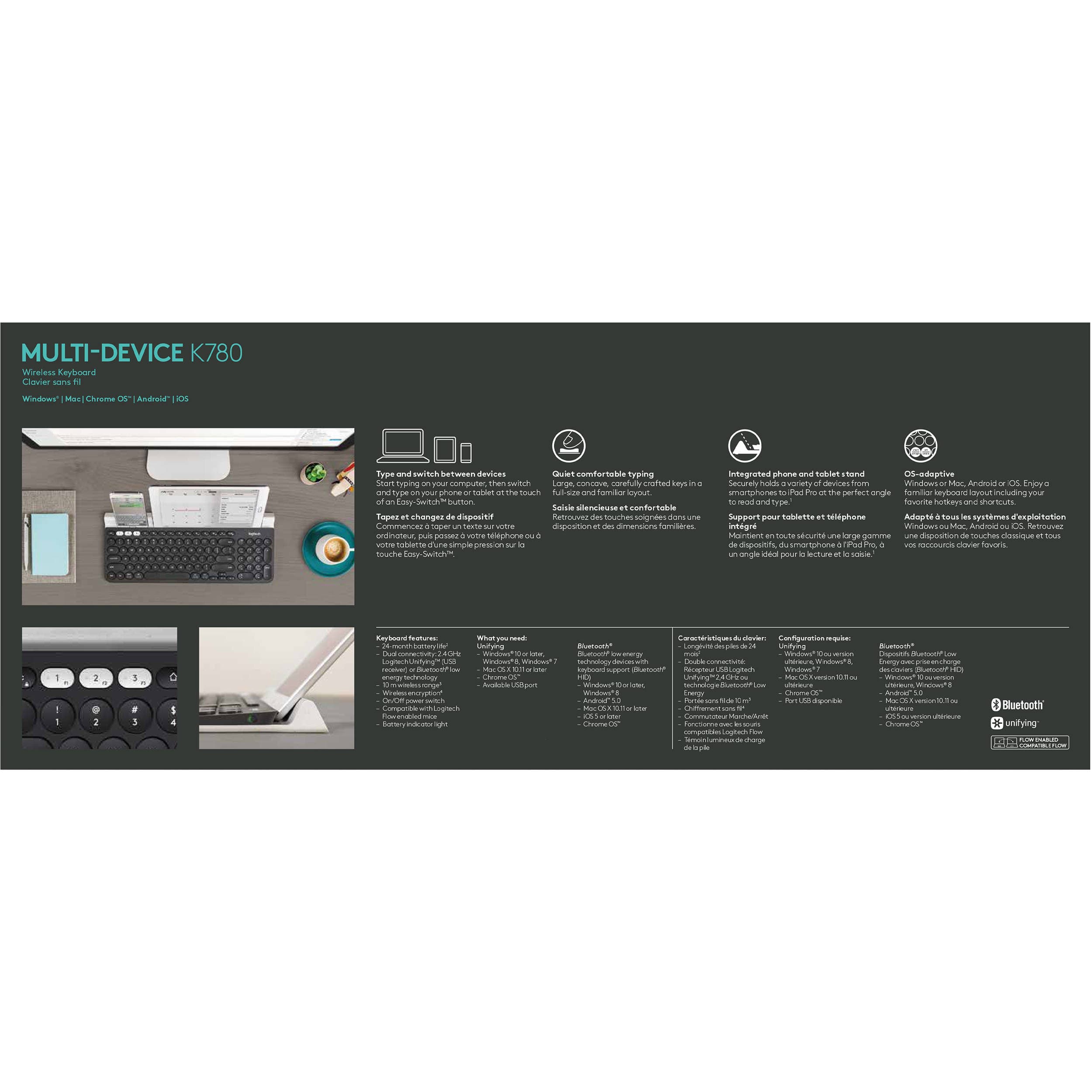 Logitech K780 Multi-Device Wireless Keyboard in dark gray with integrated device cradle