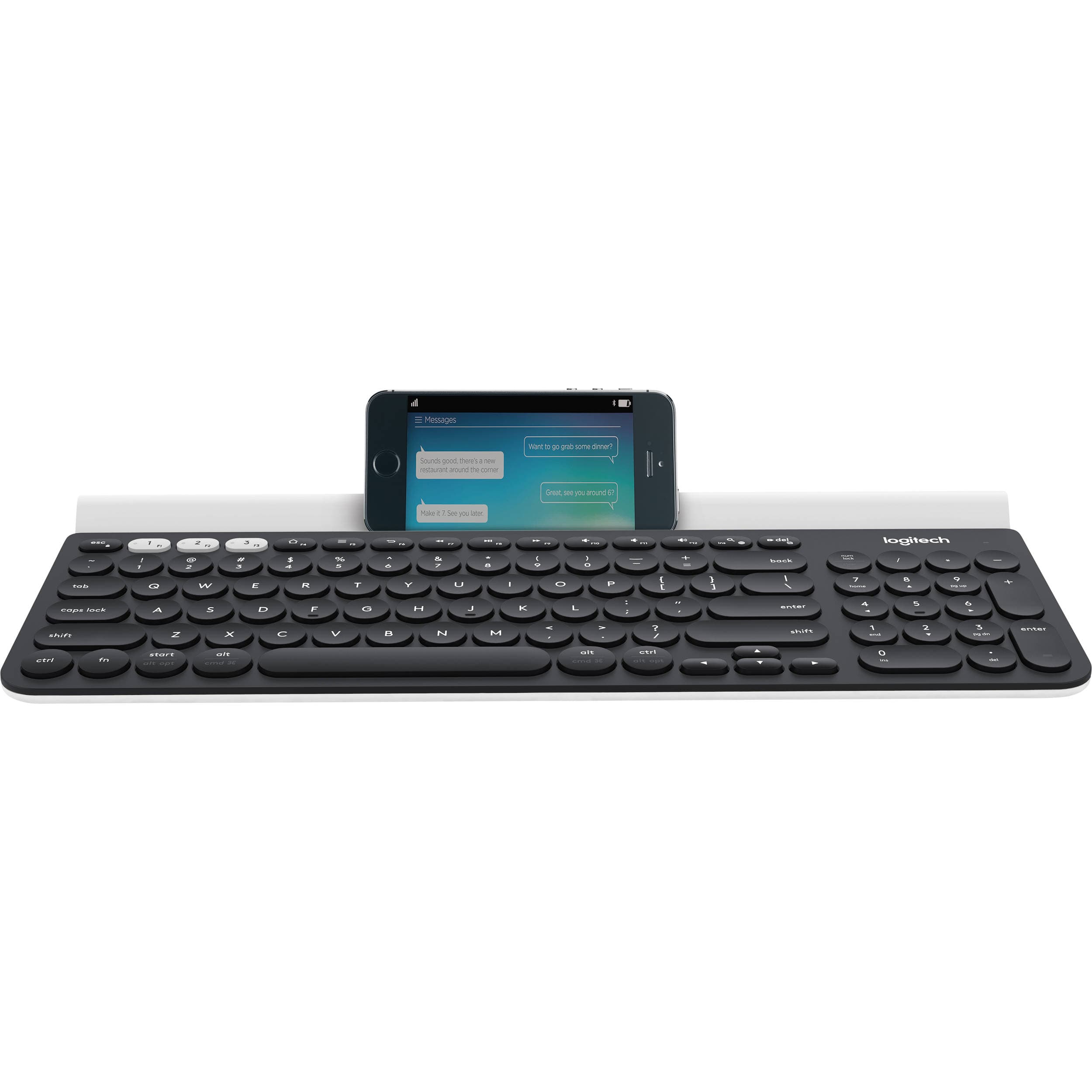 Logitech K780 Multi-Device Wireless Keyboard in dark gray with integrated device cradle