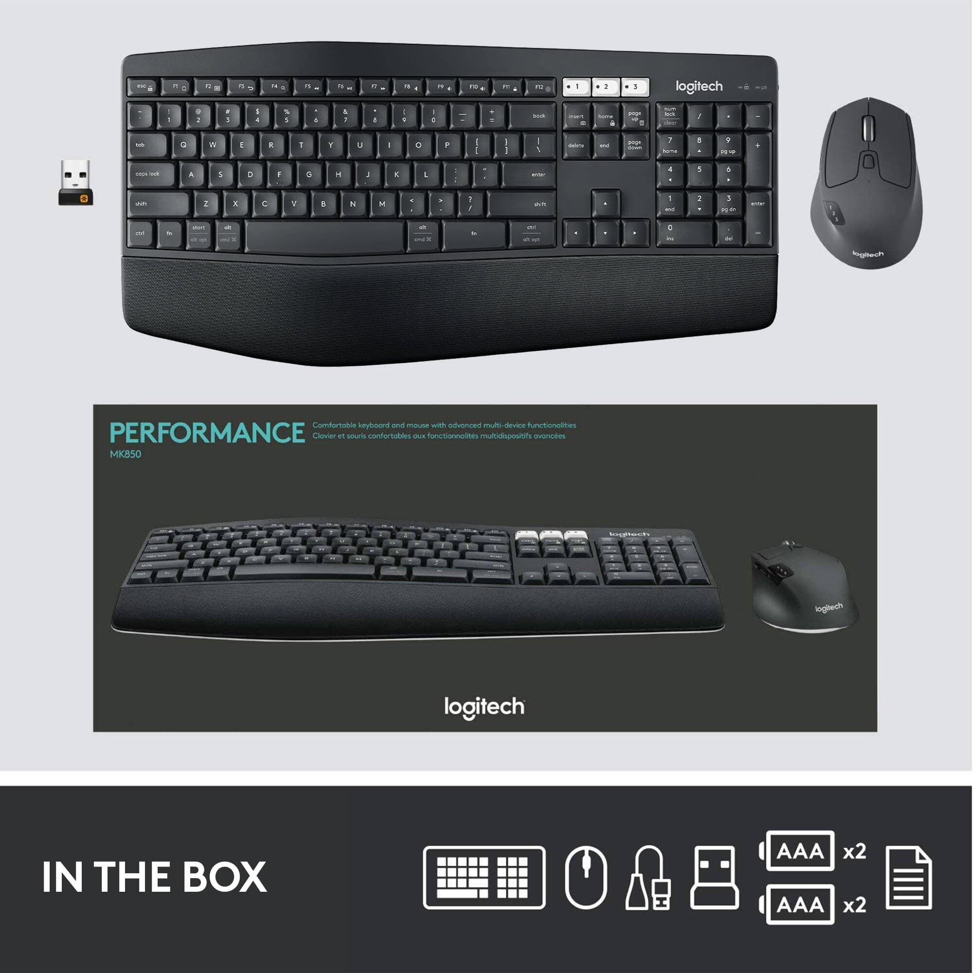 Logitech MK850 Performance wireless keyboard and mouse combo with full-size keyboard and contoured mouse