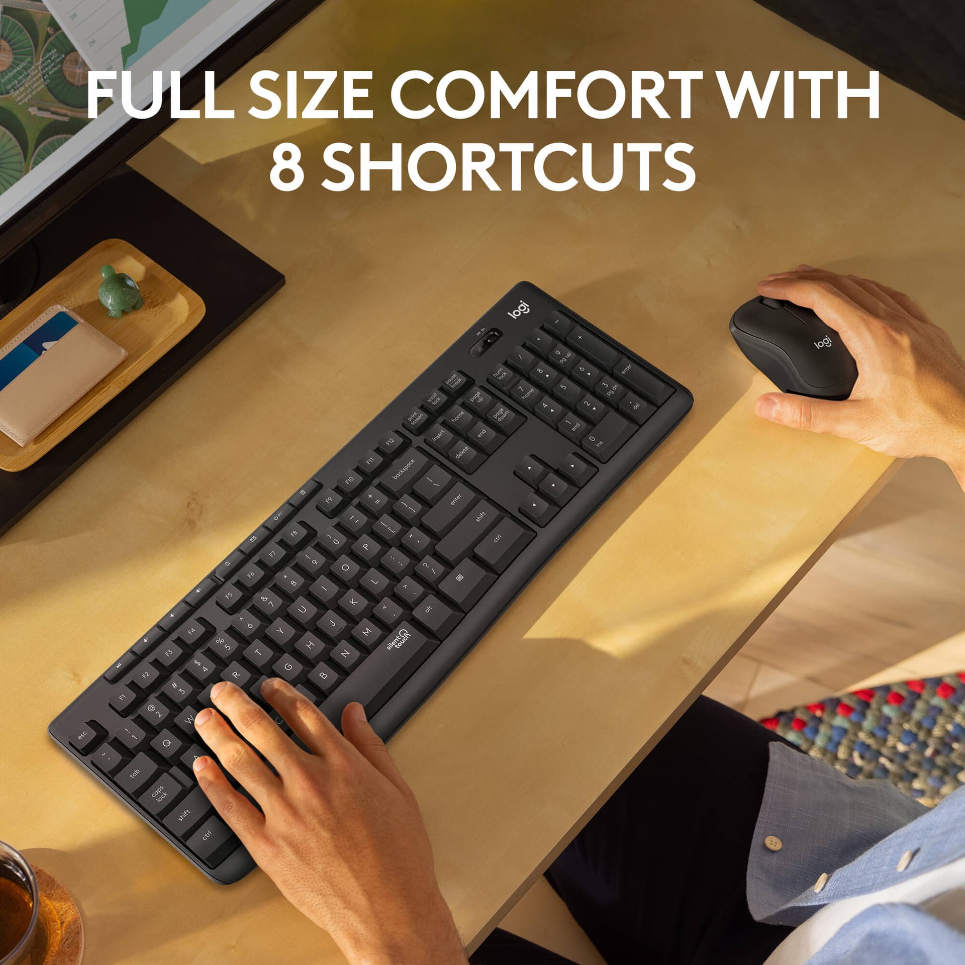Logitech MK295 Silent Wireless Keyboard and Mouse Combo in graphite with full-size keyboard and contoured mouse
