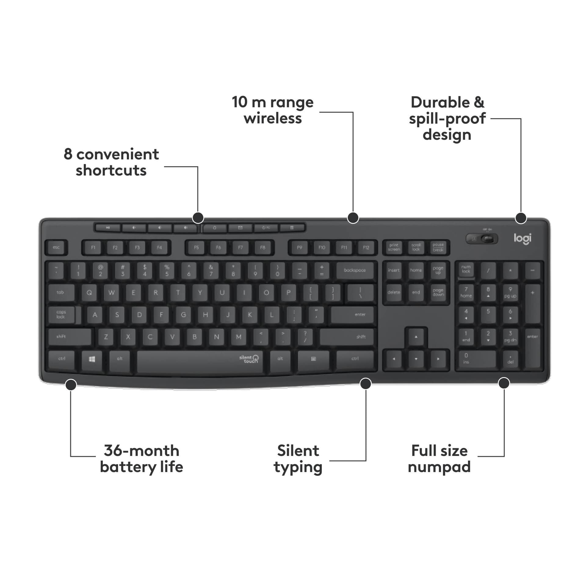 Logitech MK295 Silent Wireless Keyboard and Mouse Combo in graphite with full-size keyboard and contoured mouse
