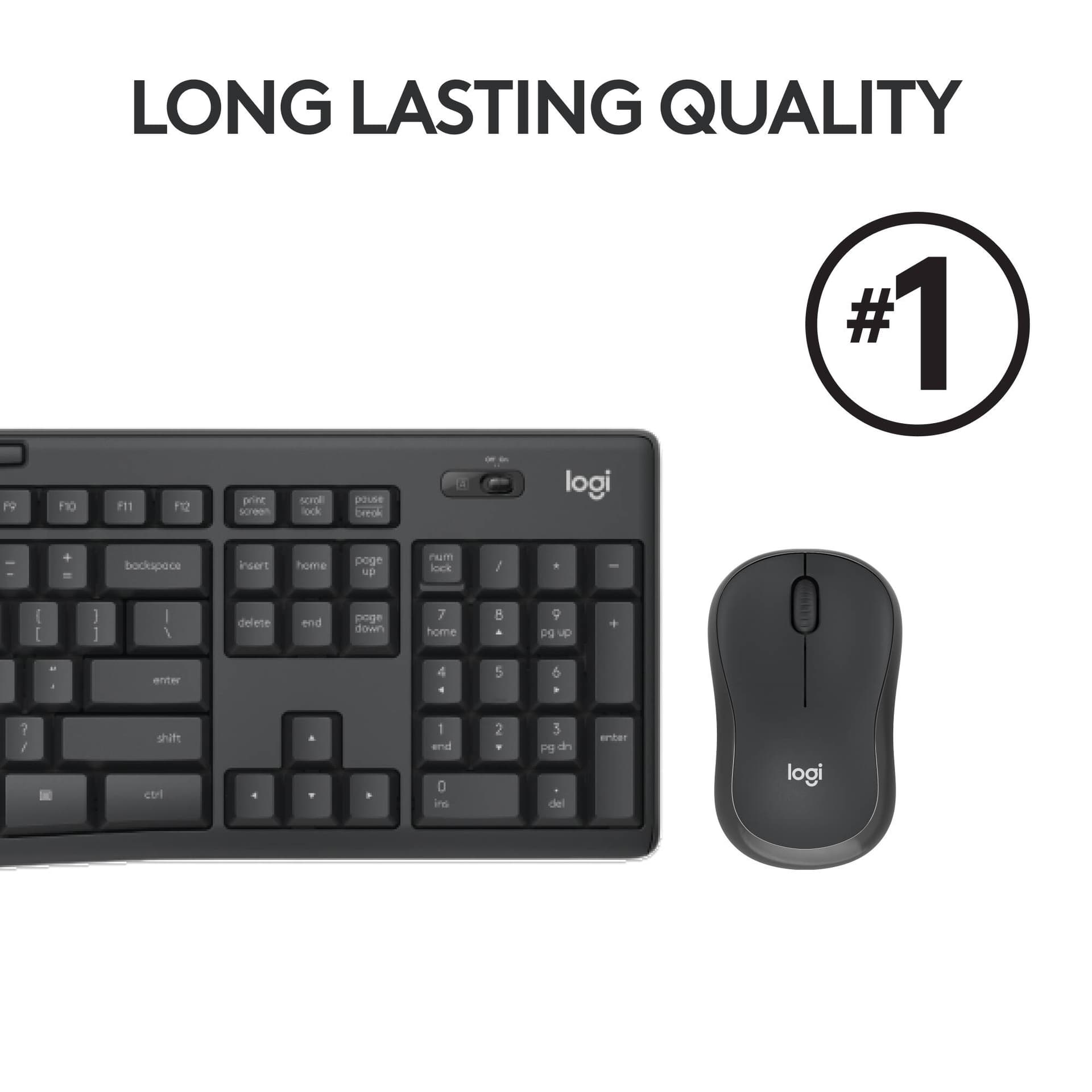 Logitech MK295 Silent Wireless Keyboard and Mouse Combo in graphite with full-size keyboard and contoured mouse