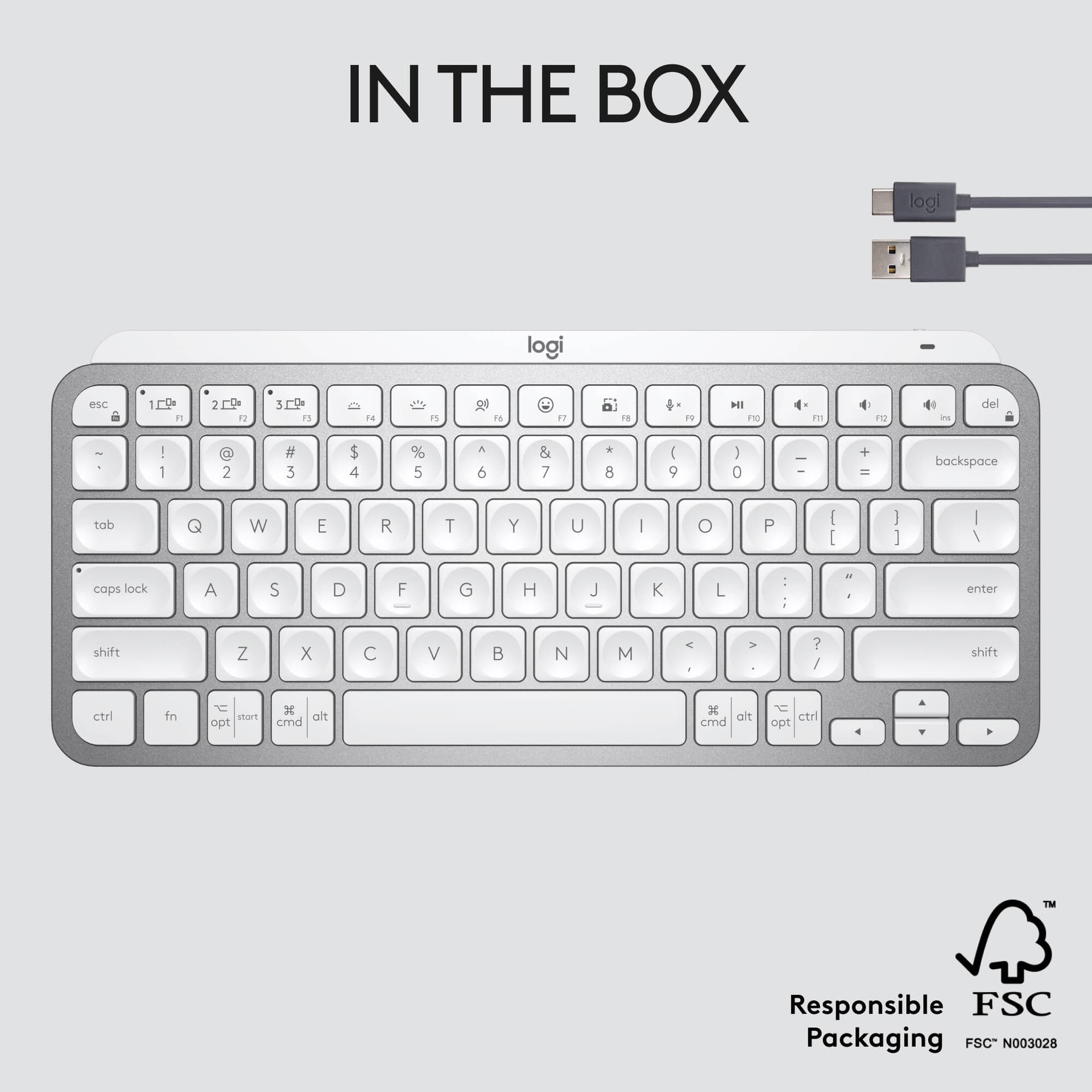 Logitech MX Keys Mini keyboard in grey with compact minimalist layout for premium workspaces