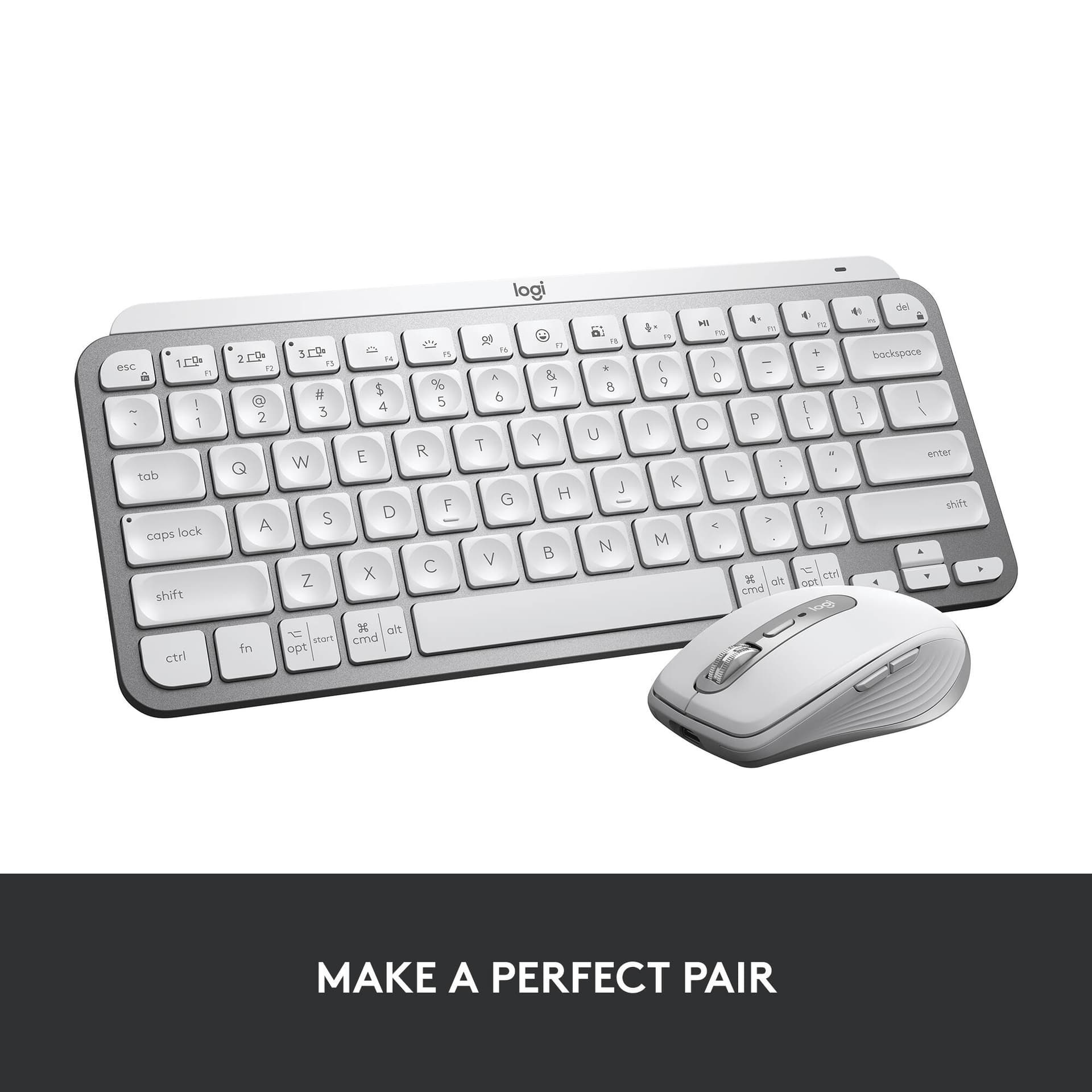 Logitech MX Keys Mini keyboard in grey with compact minimalist layout for premium workspaces