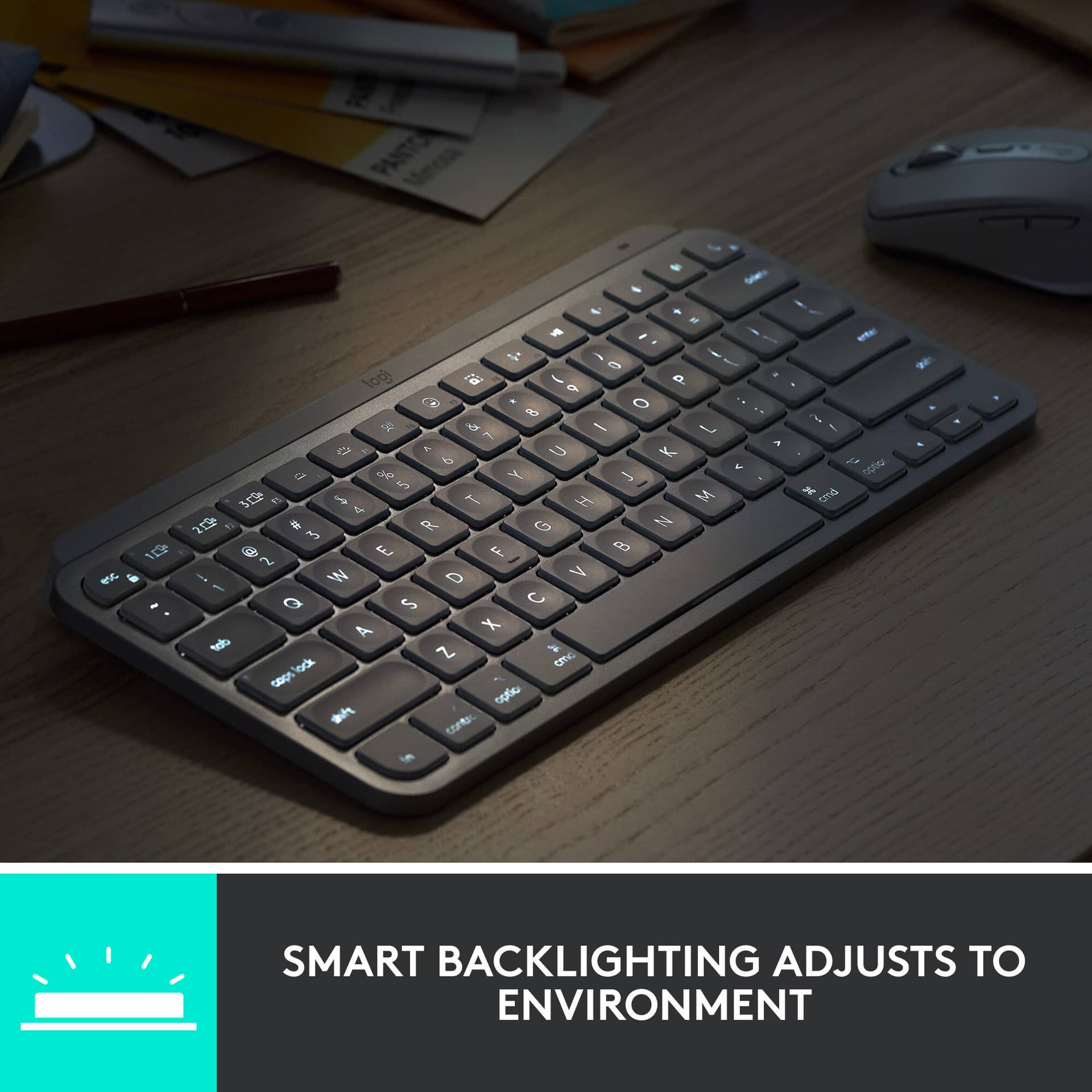 Logitech MX Keys Mini keyboard in grey with compact minimalist layout for premium workspaces