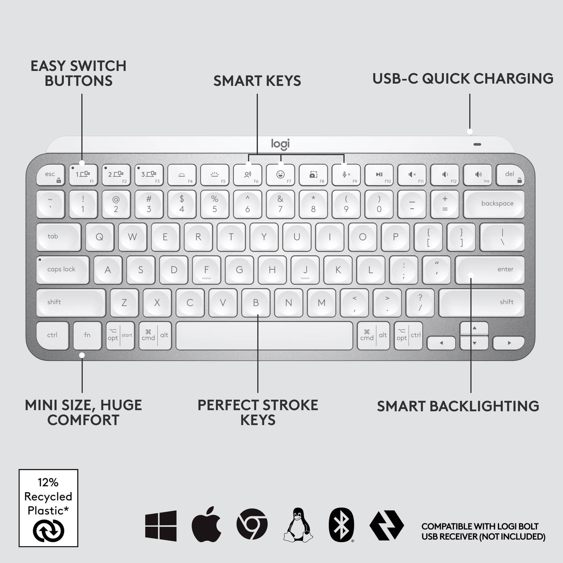 Logitech MX Keys Mini keyboard in grey with compact minimalist layout for premium workspaces