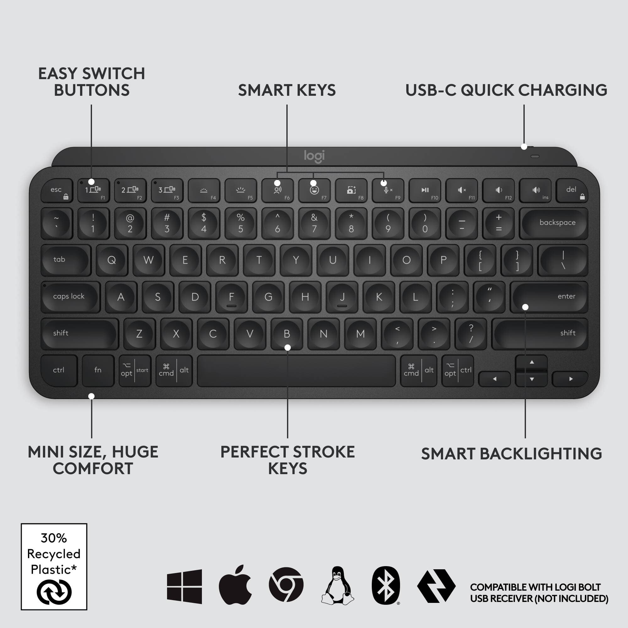 Logitech MX Keys Mini black compact wireless keyboard with backlit keys
