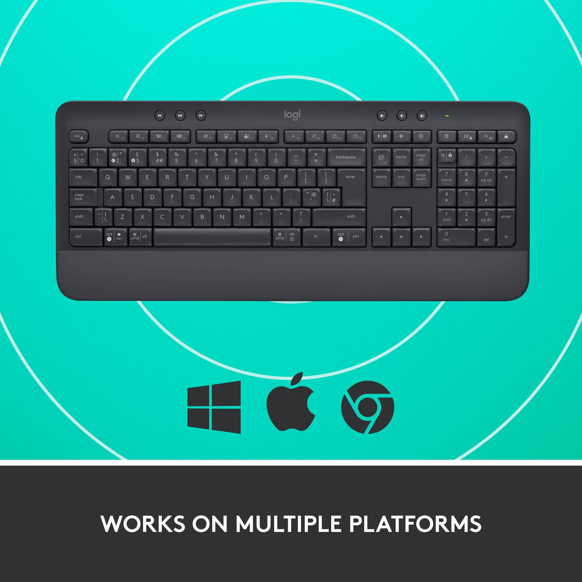 Logitech K650 Signature Wireless Keyboard in graphite with full-size layout and Bolt receiver