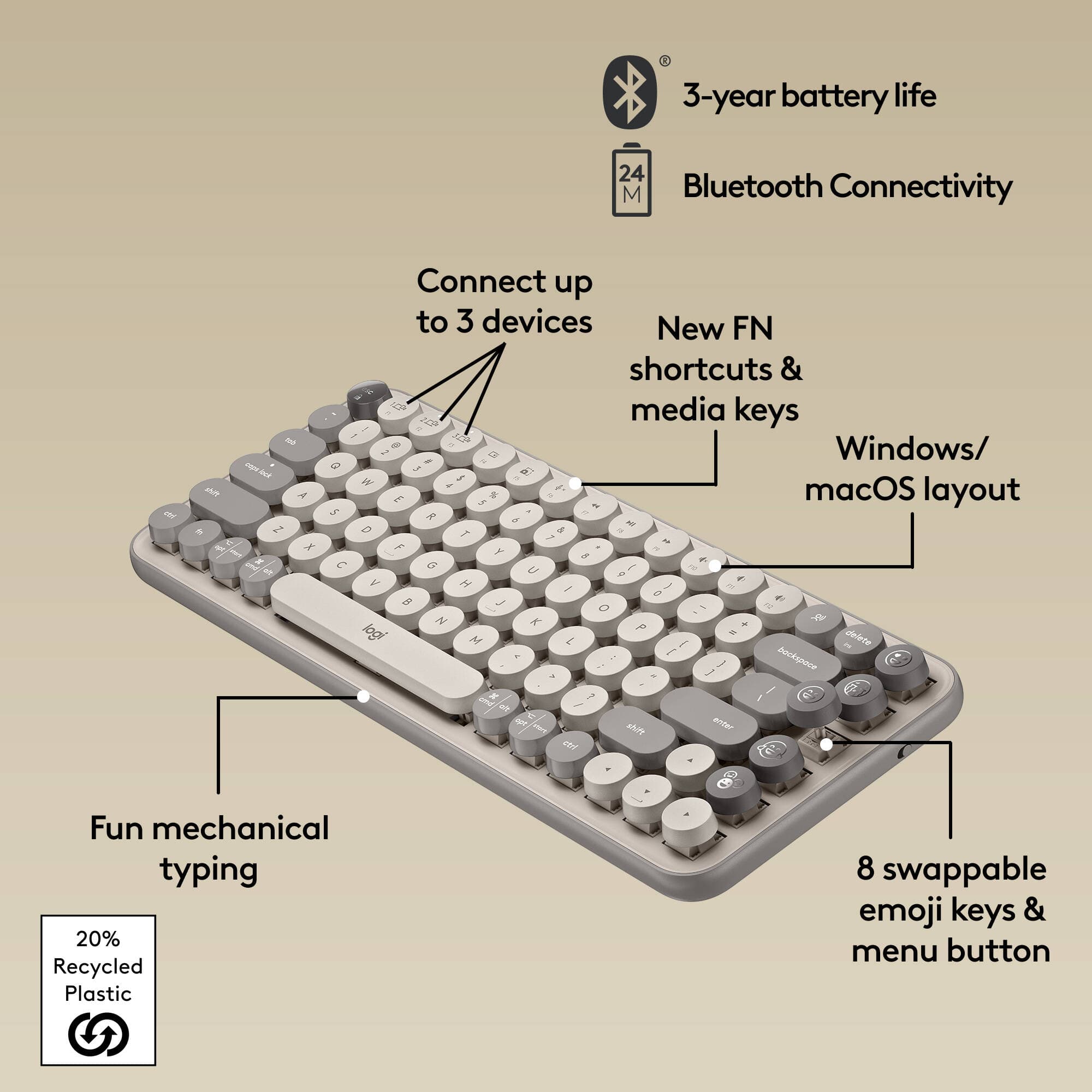 Logitech POP Keys wireless mechanical keyboard in Mist color with compact layout