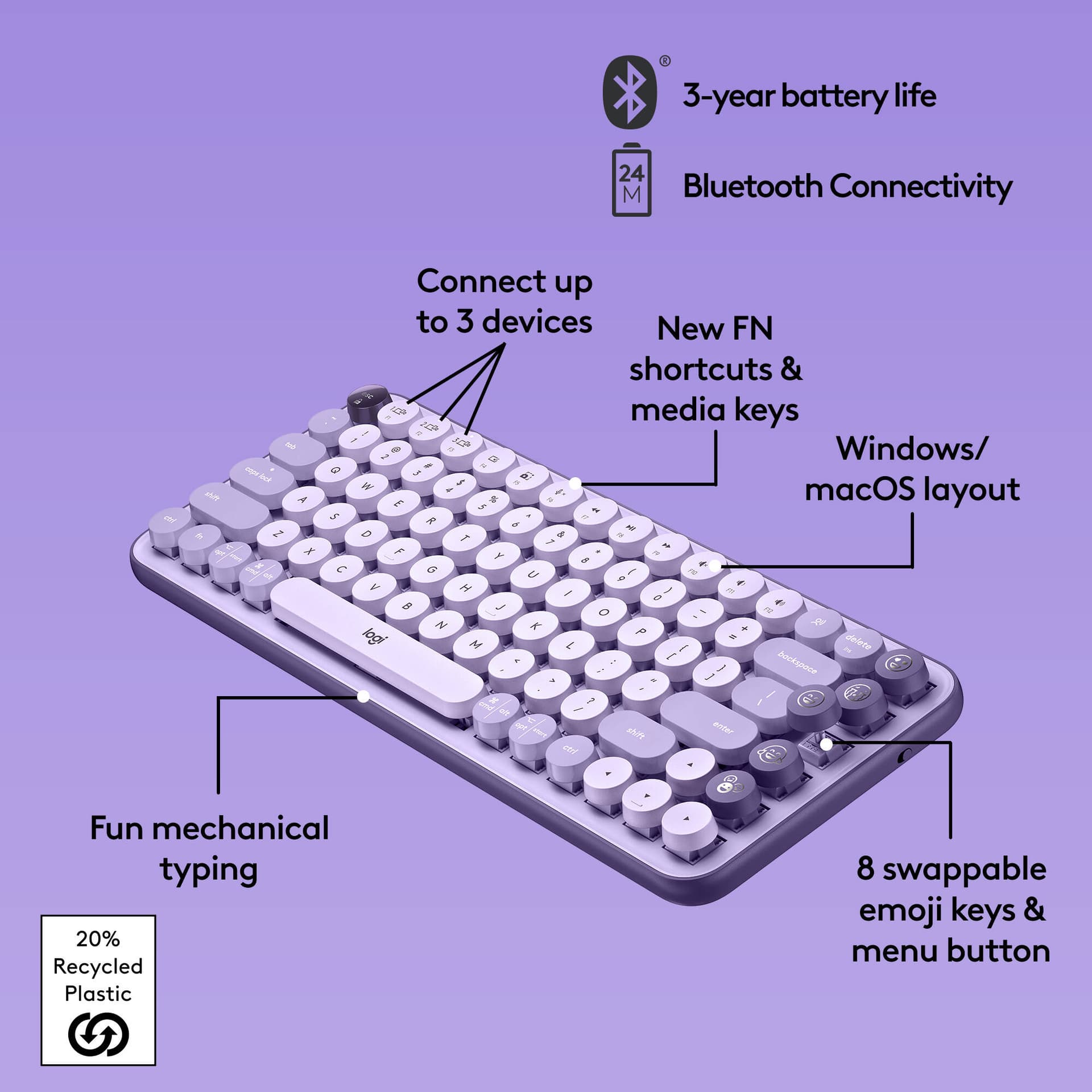 Logitech POP Keys Mechanical Wireless Keyboard in Cosmos with compact wireless design