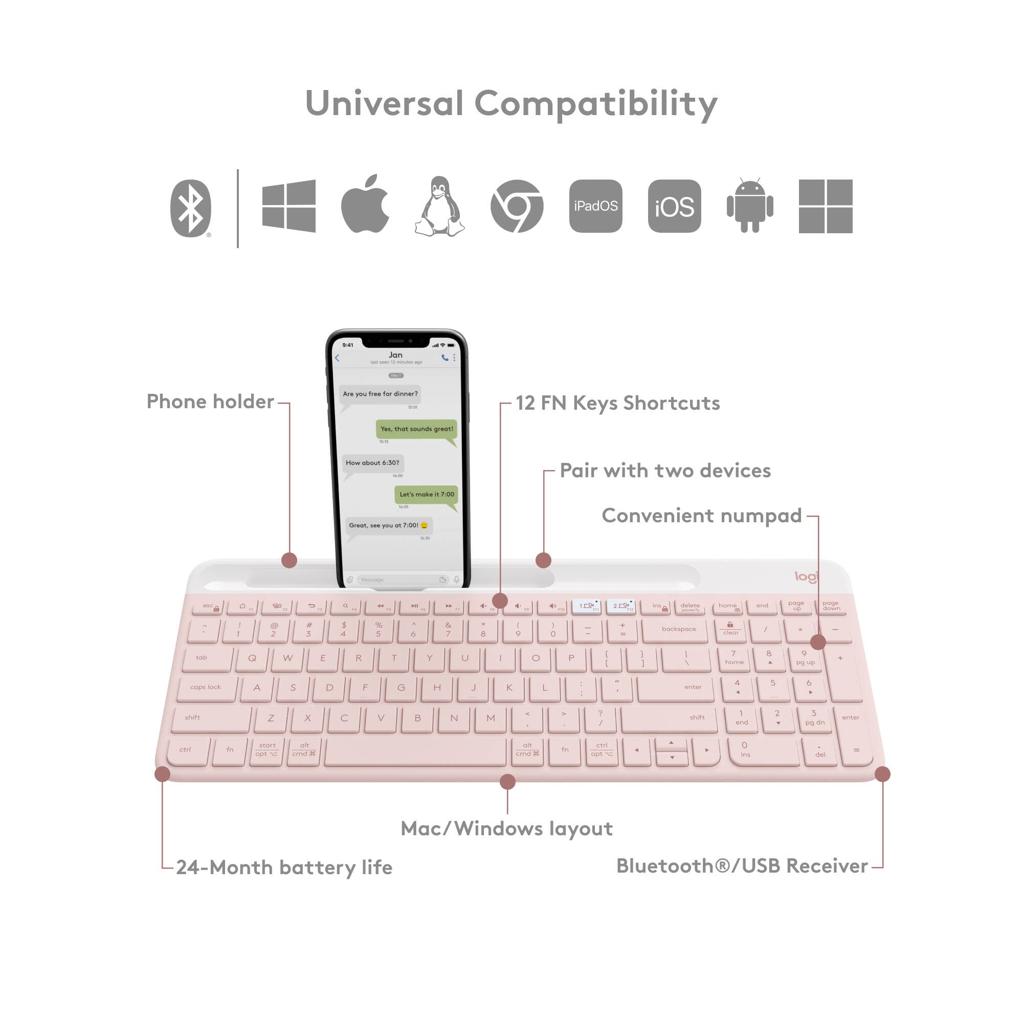 Logitech K585 Slim Multi-Device Keyboard in Rose, compact wireless keyboard for multi-device typing