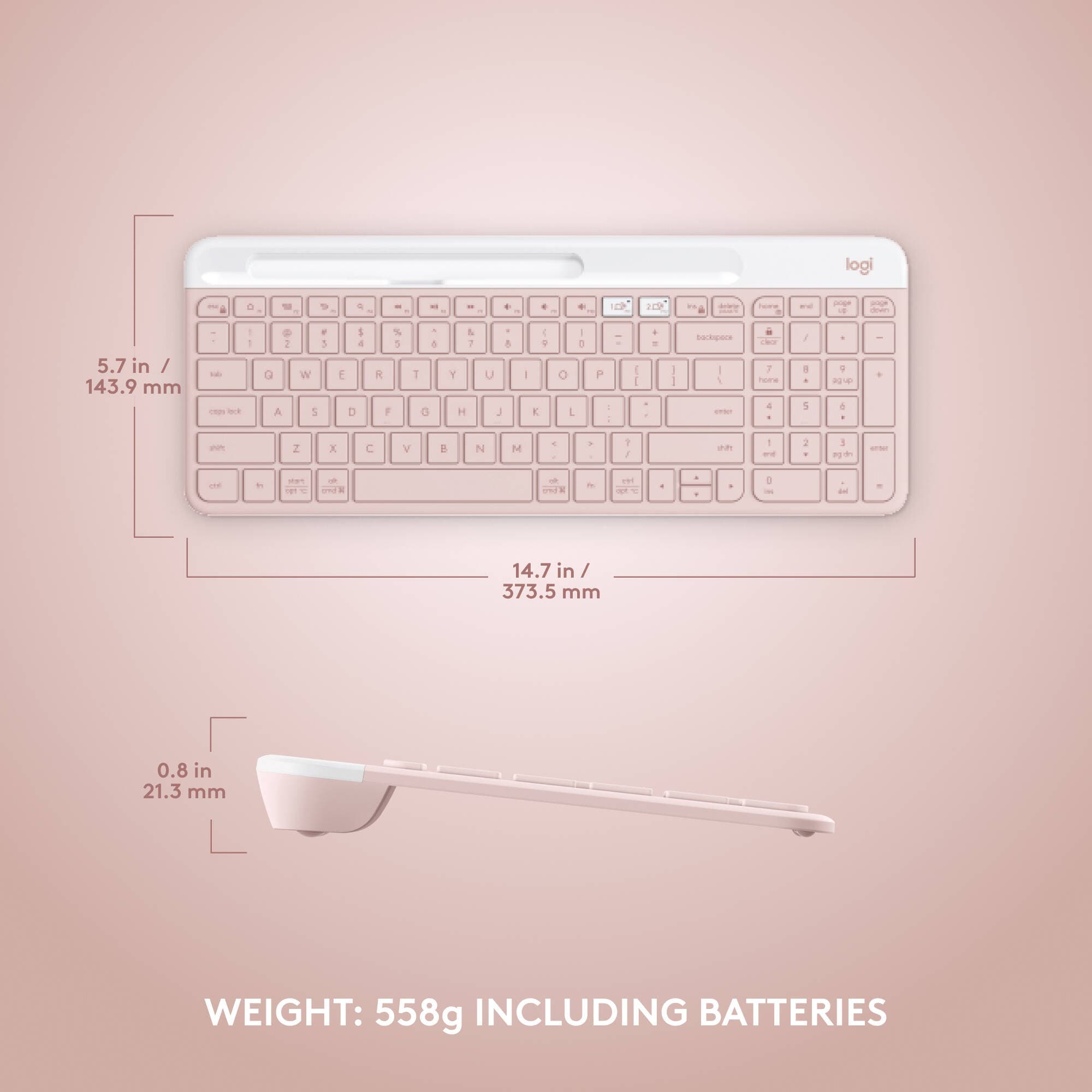 Logitech K585 Slim Multi-Device Keyboard in Rose, compact wireless keyboard for multi-device typing