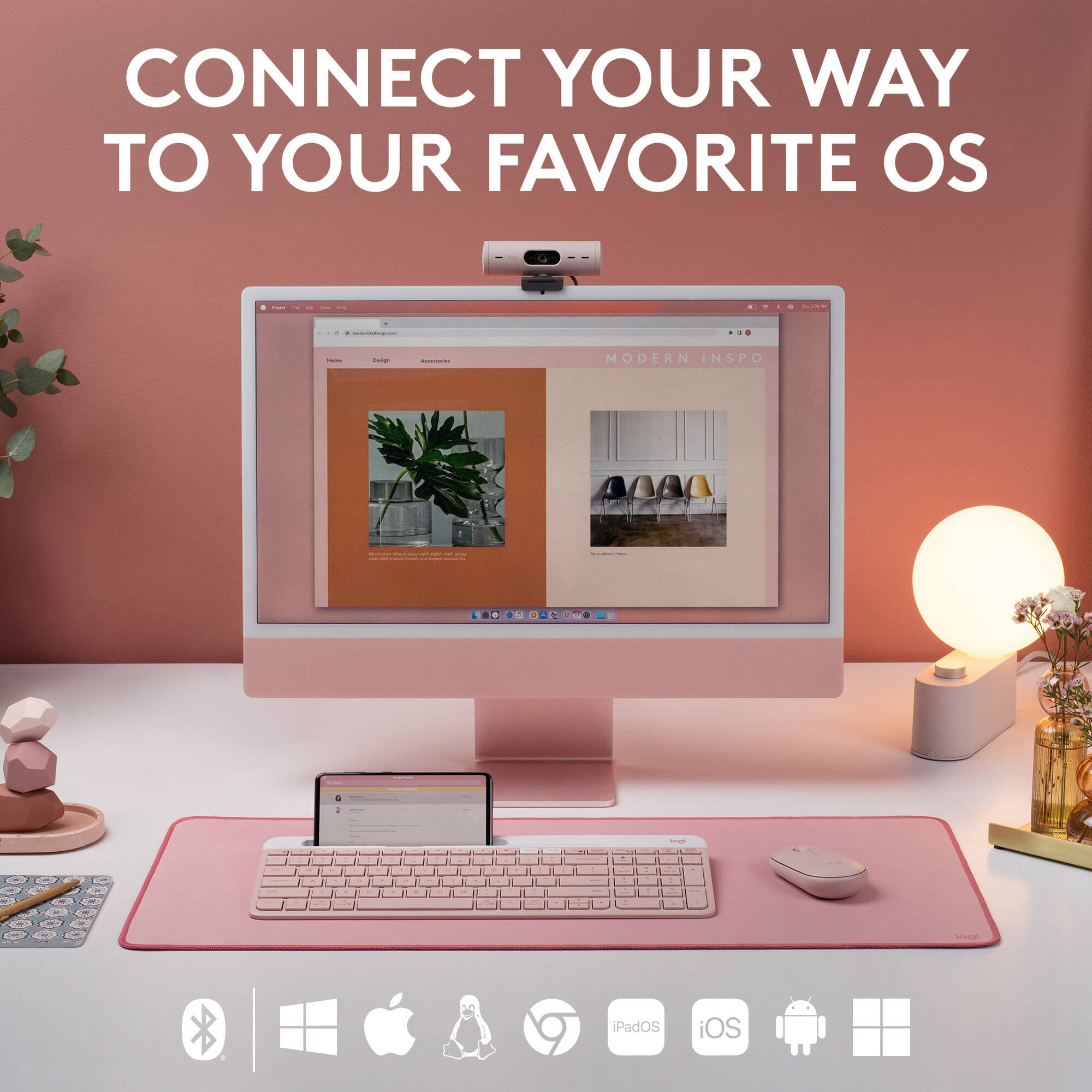 Logitech K585 Slim Multi-Device Keyboard in Rose, compact wireless keyboard for multi-device typing