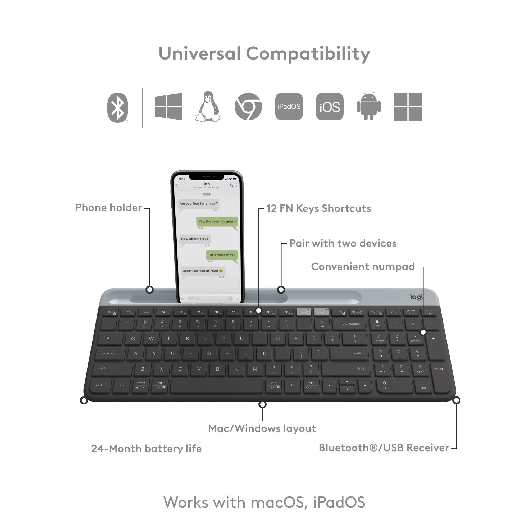 Logitech K585 Slim wireless multi-device keyboard in graphite with compact low-profile design