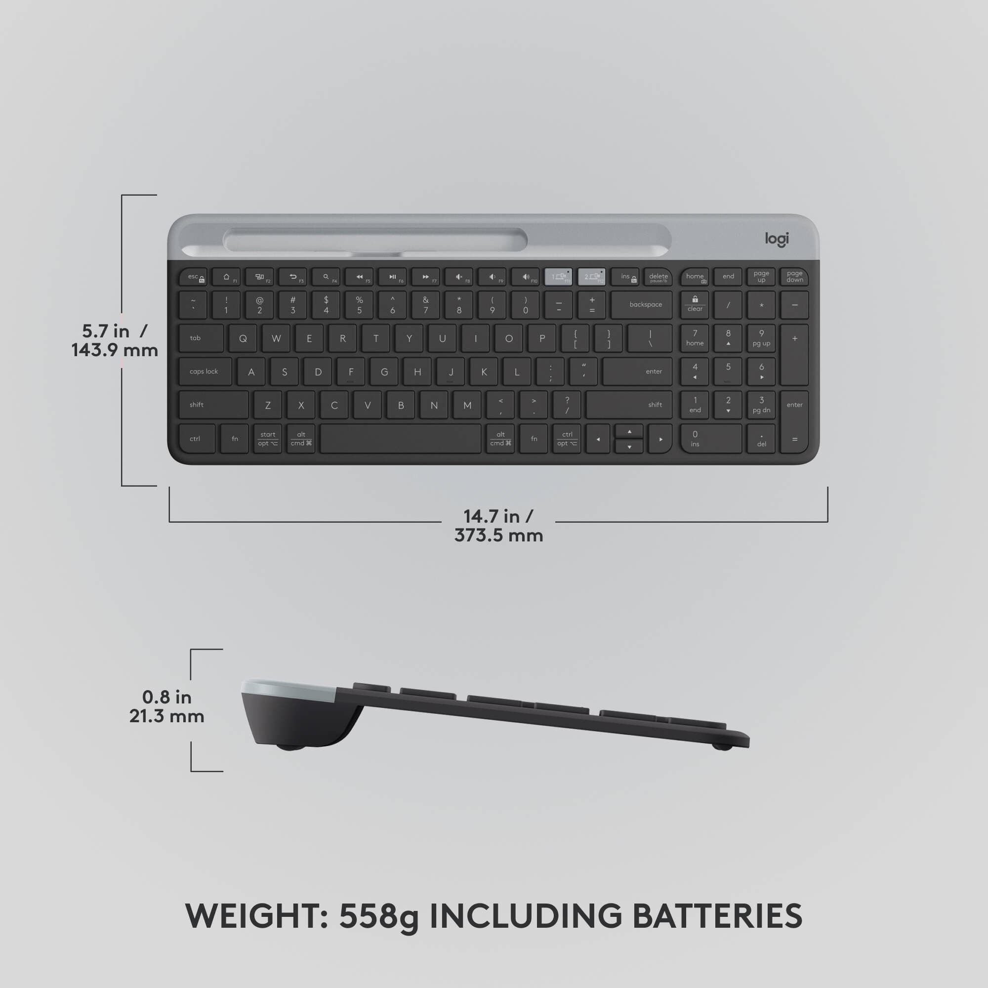 Logitech K585 Slim wireless multi-device keyboard in graphite with compact low-profile design