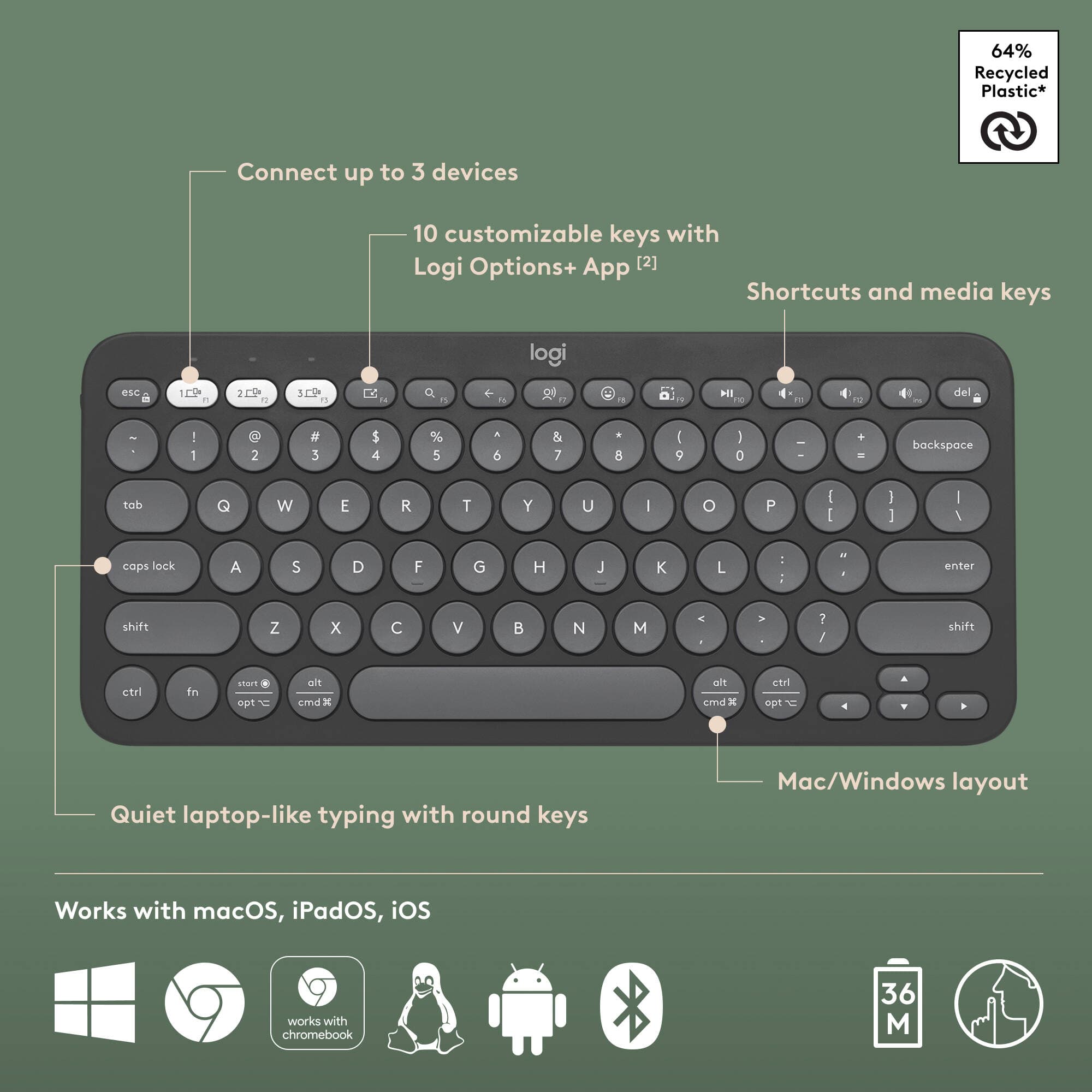Logitech K380s Pebble Keys 2 wireless compact keyboard in Tonal Graphite