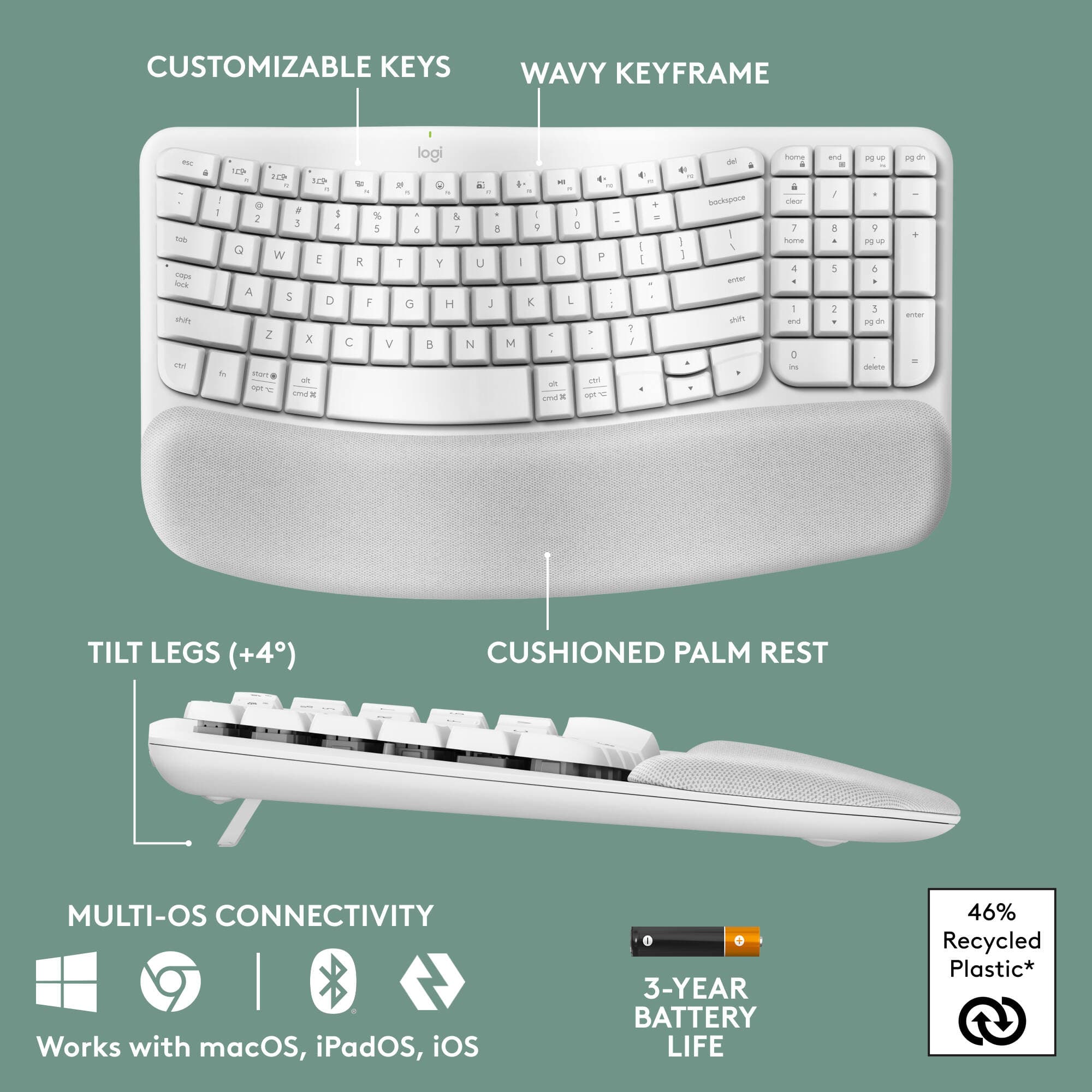 Logitech Wireless Wave Keys ergonomic wireless keyboard in Off White