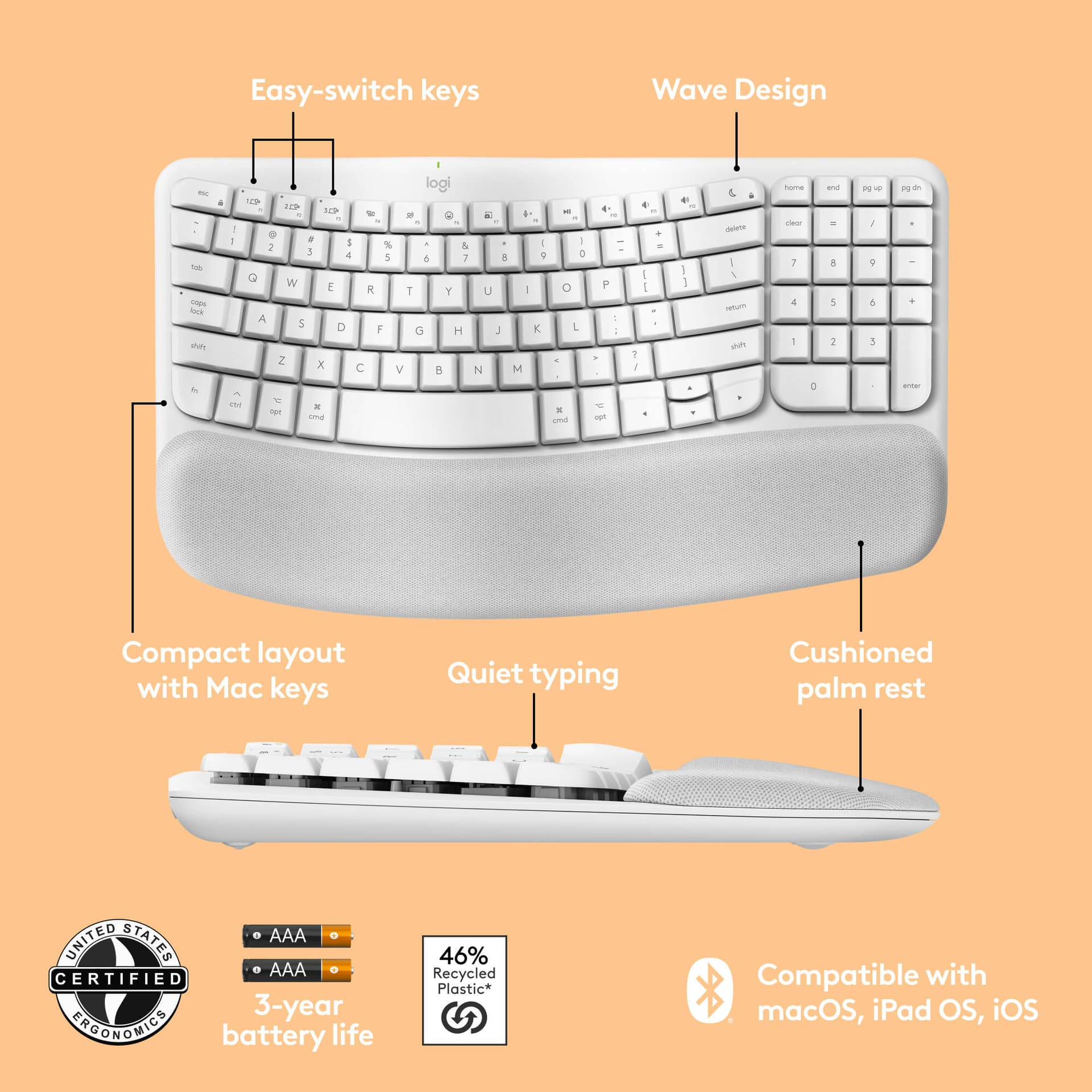 Logitech Wave Keys for Mac wireless ergonomic keyboard in white
