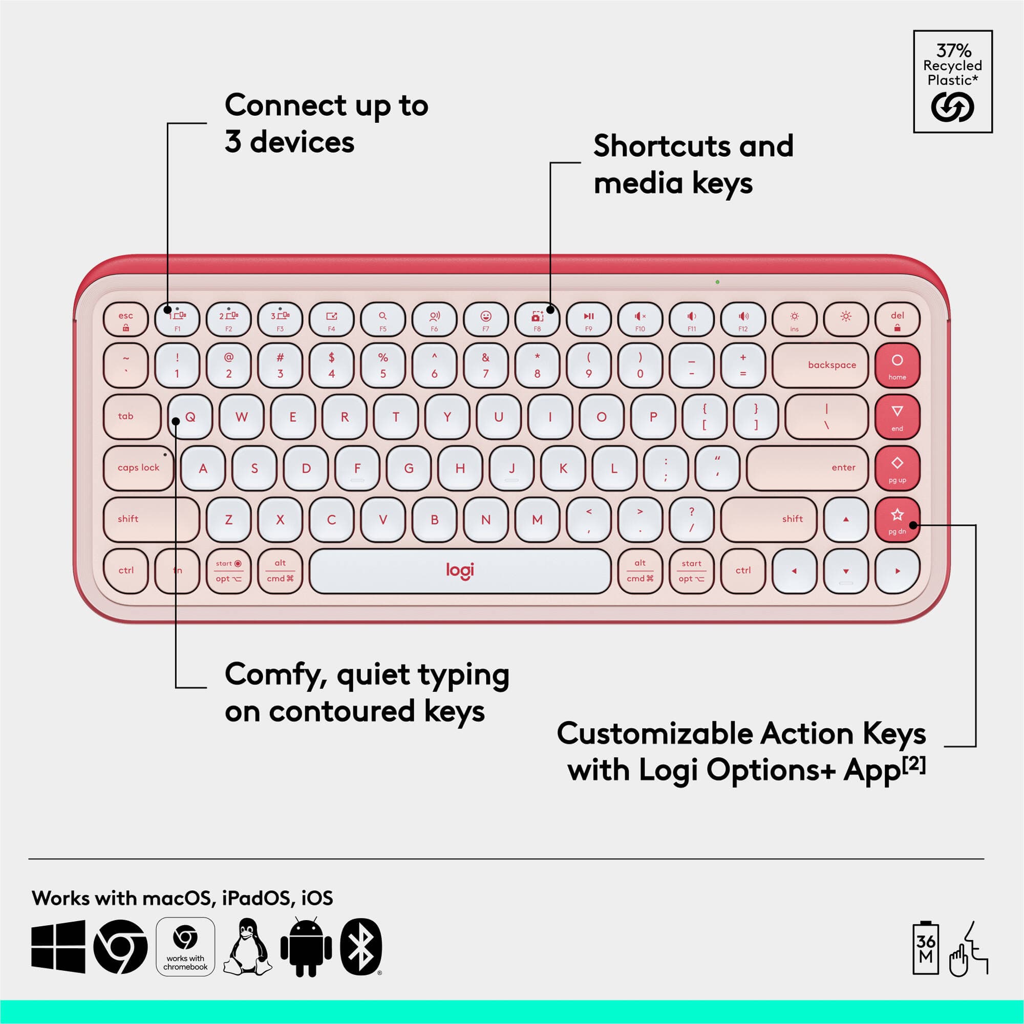 Logitech POP Icon Keys Rose and Off White compact Bluetooth wireless keyboard