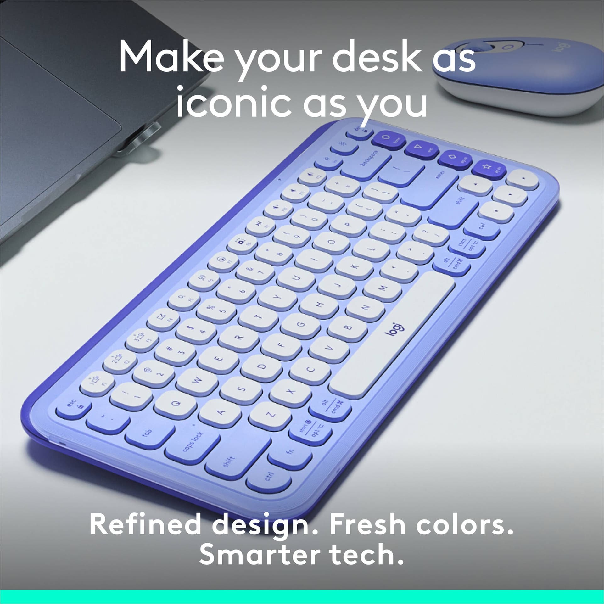 Logitech POP Icon Keys wireless keyboard in Lilac Off White, compact layout for Mac and PC