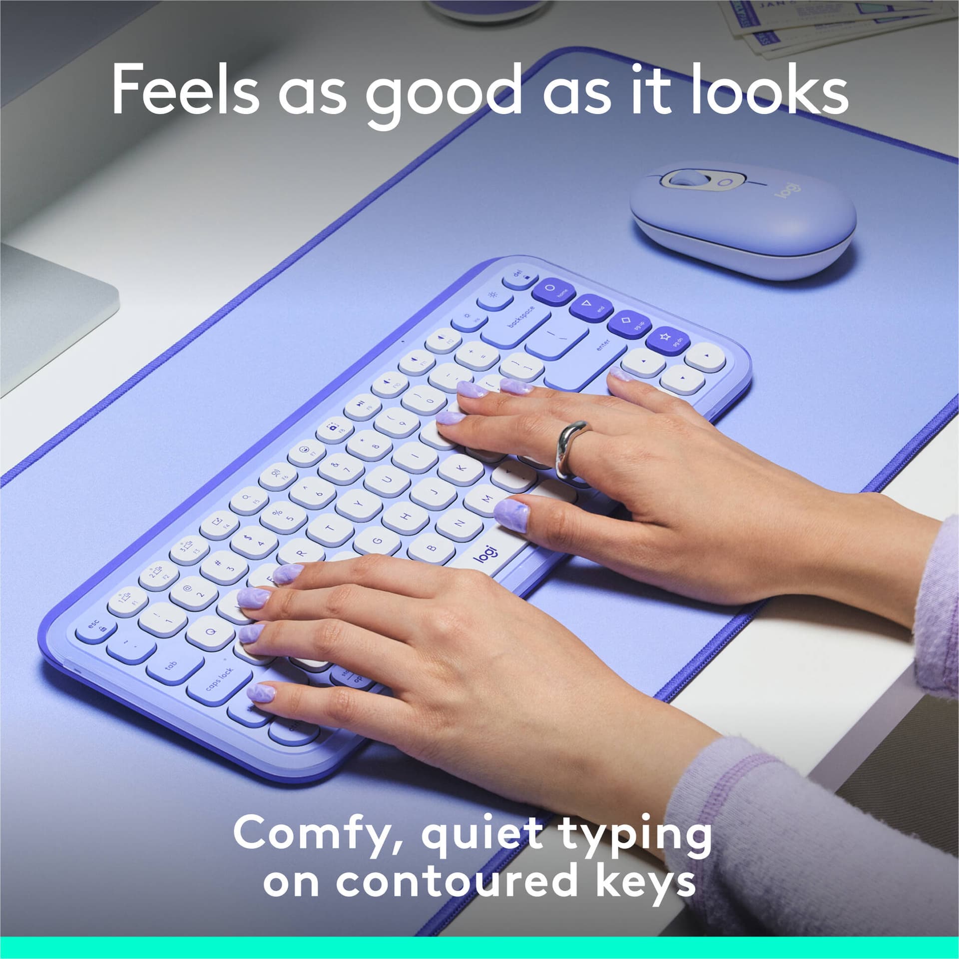 Logitech POP Icon Keys wireless keyboard in Lilac Off White, compact layout for Mac and PC