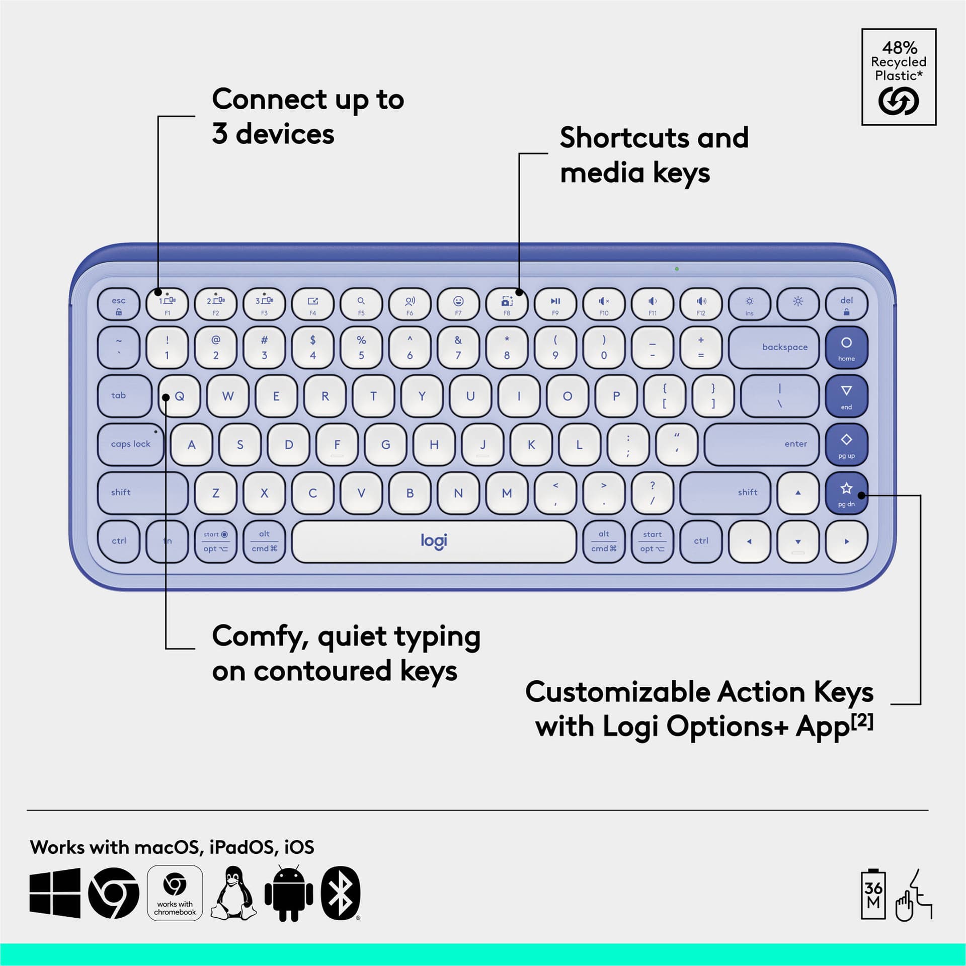 Logitech POP Icon Keys wireless keyboard in Lilac Off White, compact layout for Mac and PC