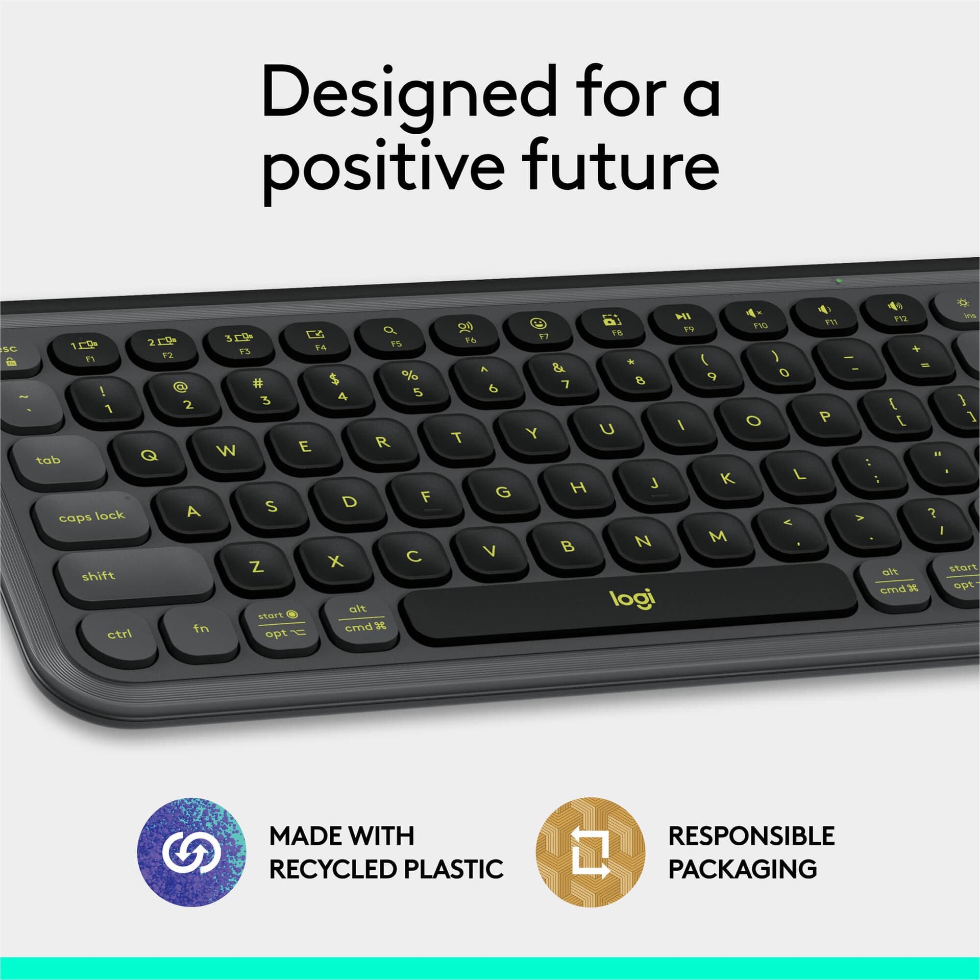 Logitech POP Icon Keys wireless keyboard in Graphite and Green, compact Bluetooth keyboard