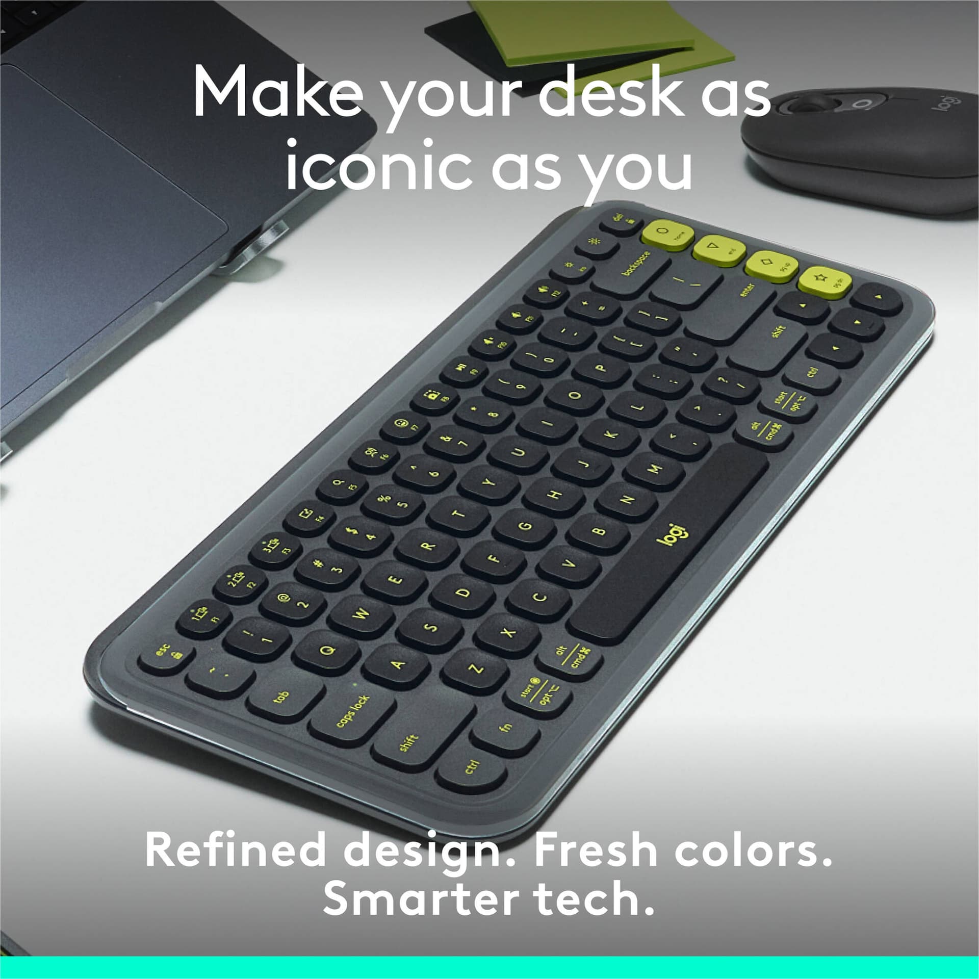 Logitech POP Icon Keys wireless keyboard in Graphite and Green, compact Bluetooth keyboard
