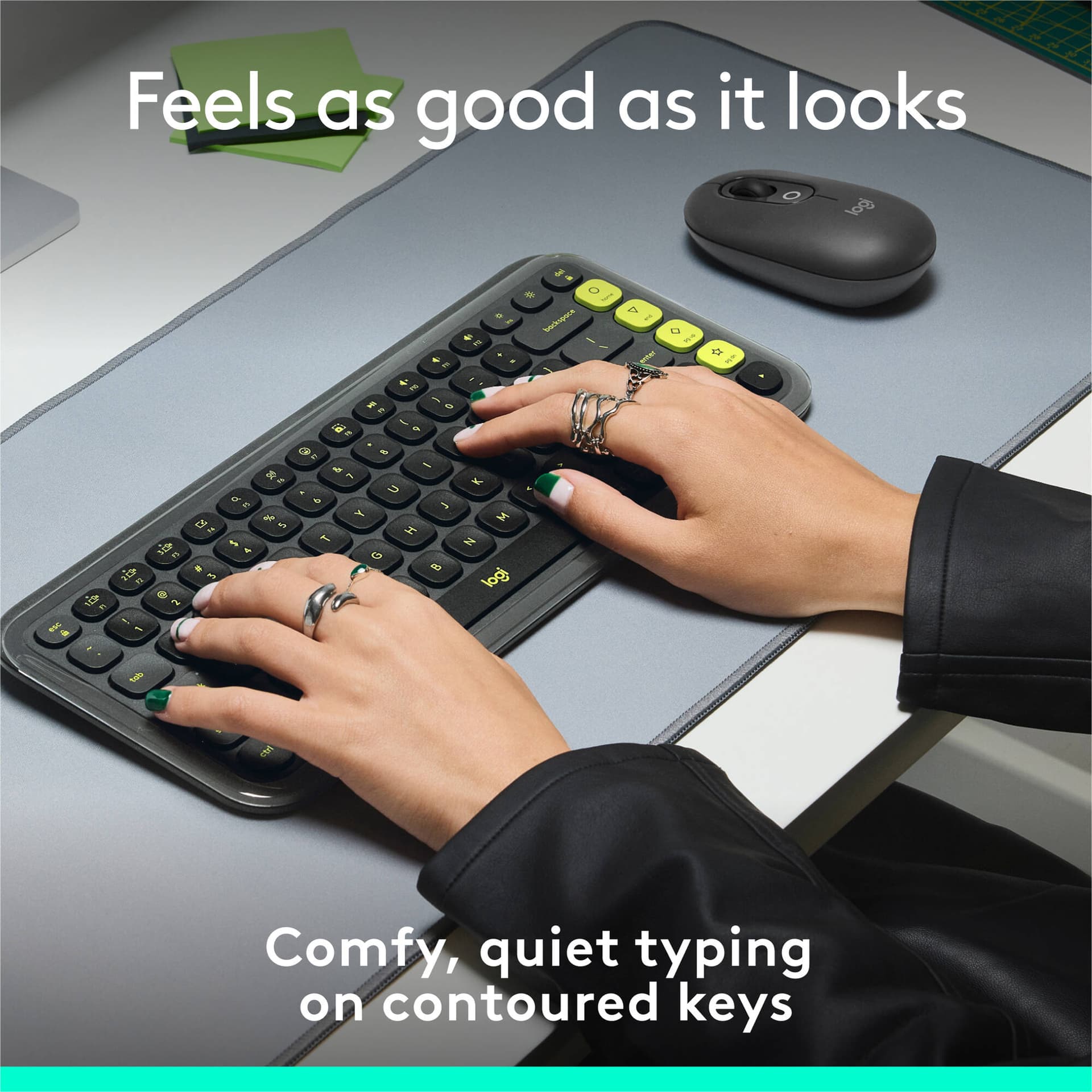 Logitech POP Icon Keys wireless keyboard in Graphite and Green, compact Bluetooth keyboard