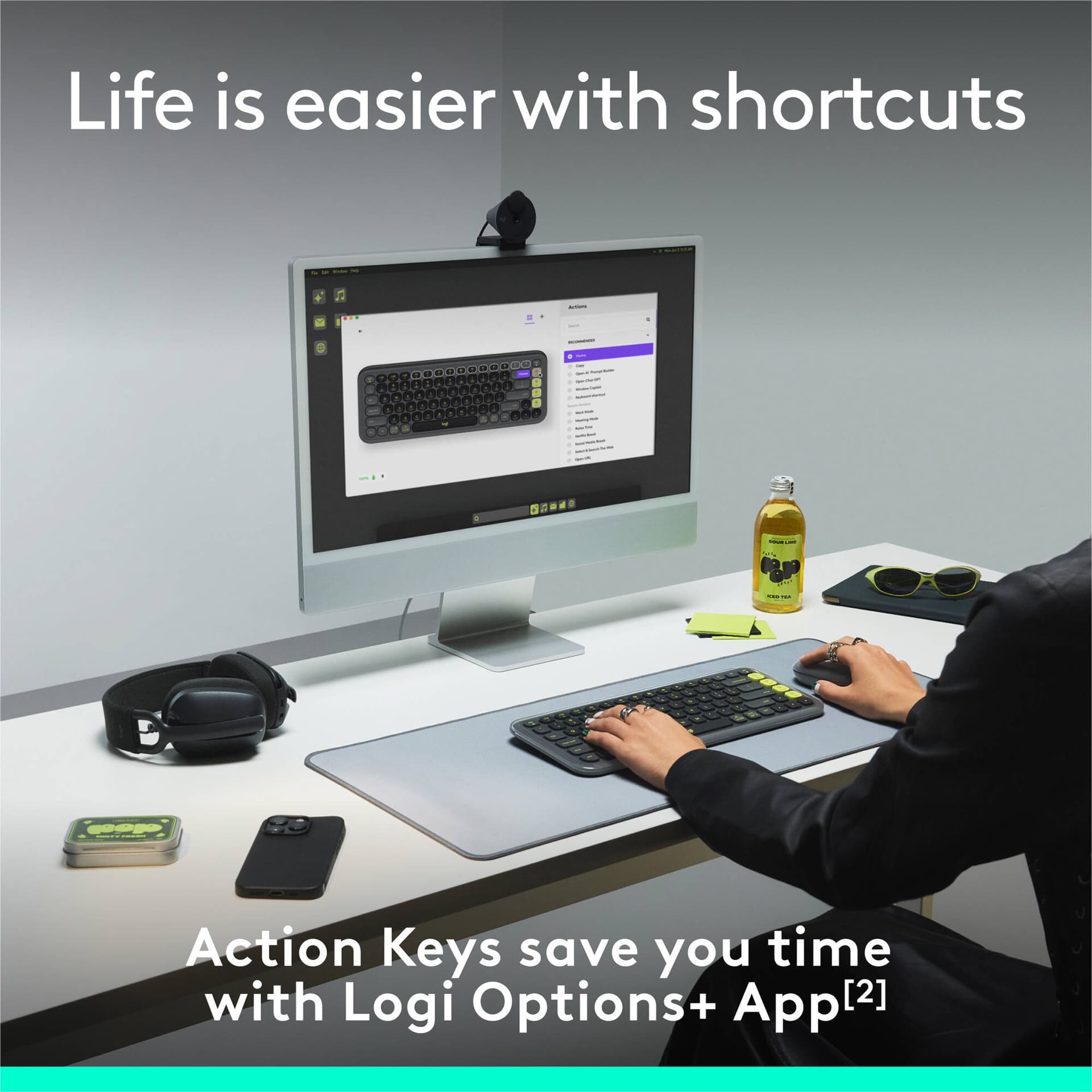 Logitech POP Icon Keys wireless keyboard in Graphite and Green, compact Bluetooth keyboard