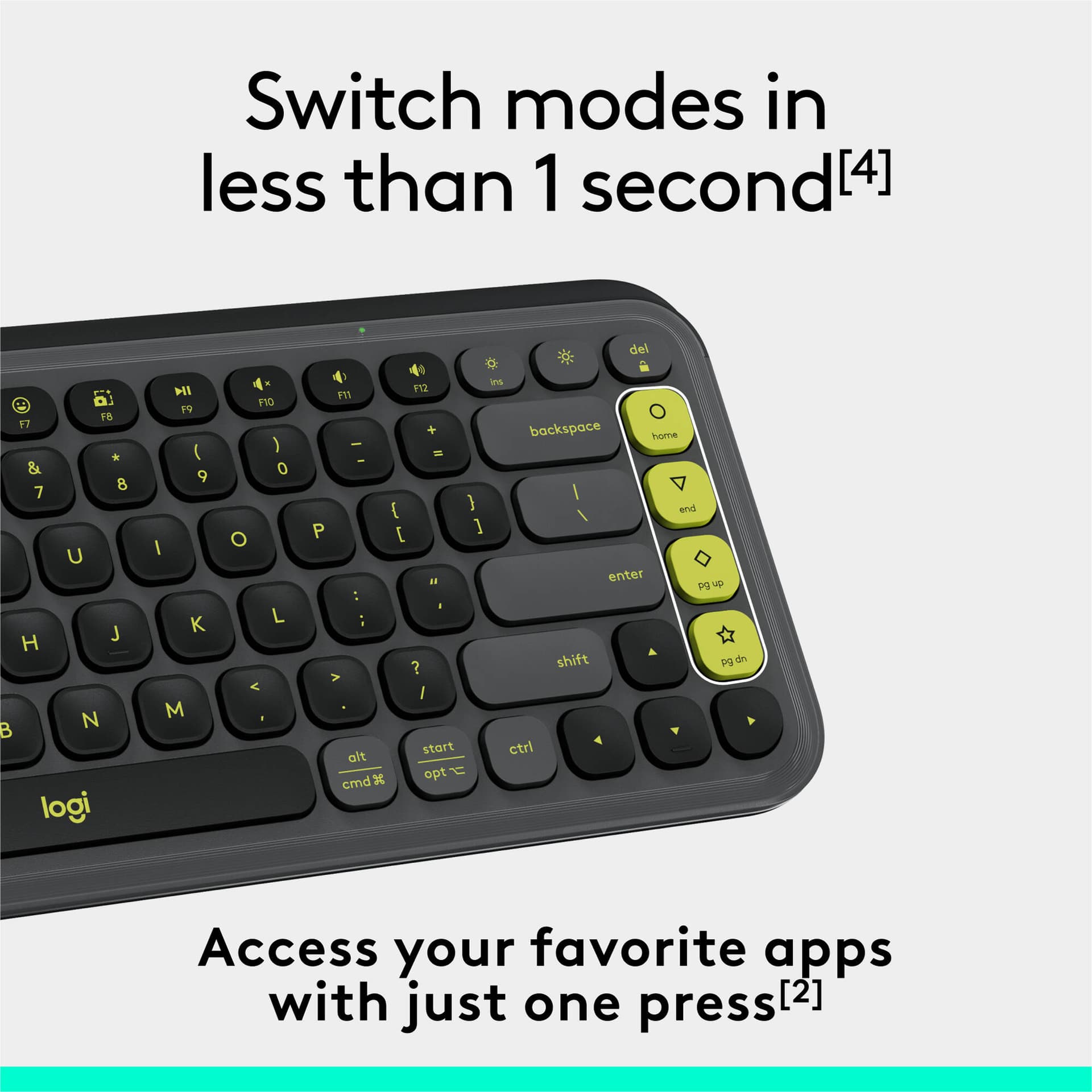 Logitech POP Icon Keys wireless keyboard in Graphite and Green, compact Bluetooth keyboard