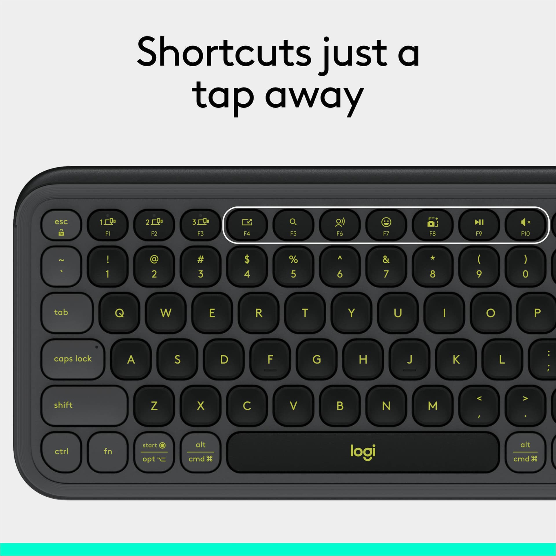Logitech POP Icon Keys wireless keyboard in Graphite and Green, compact Bluetooth keyboard