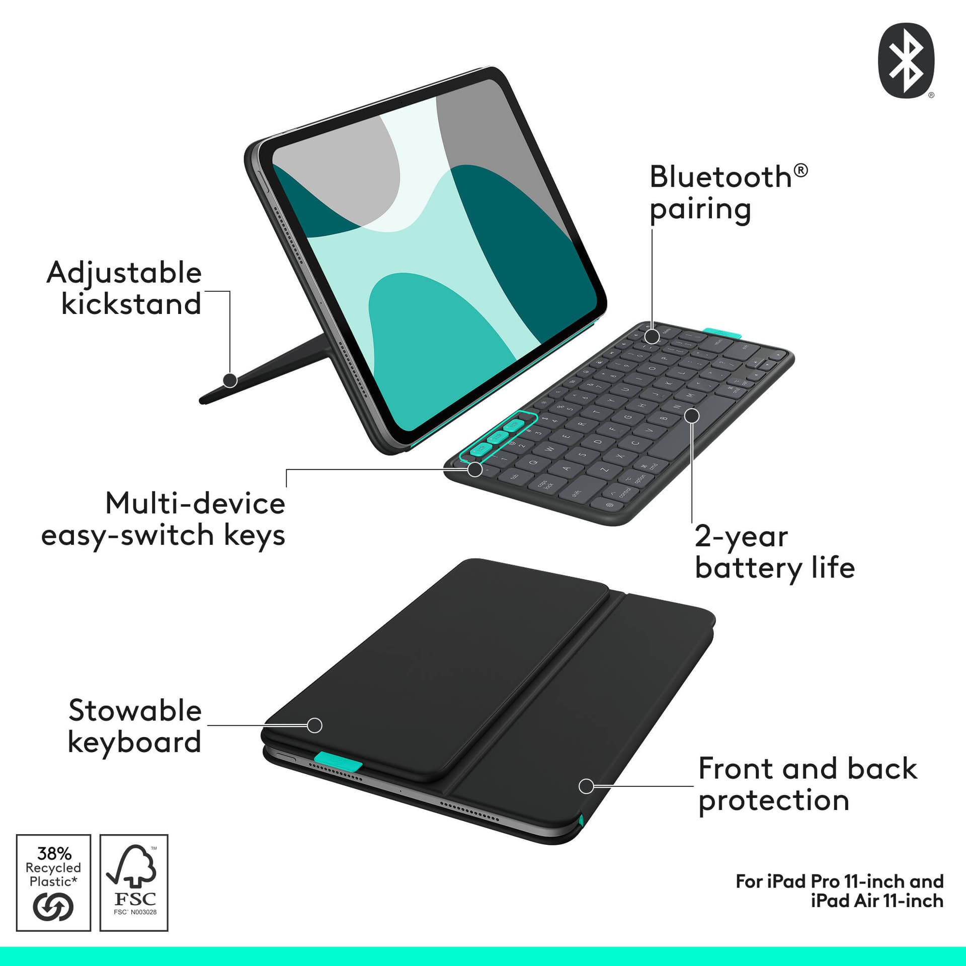 Logitech Flip Folio for iPad Air and iPad Pro 11-inch in Graphite with stowable keyboard