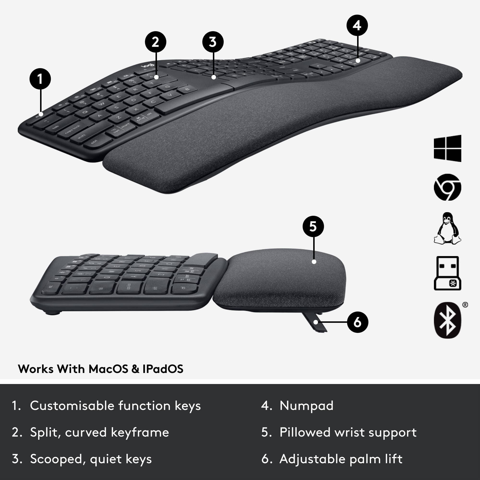 Logitech Ergo K860 Business BOLT ergonomic wireless keyboard with split layout and palm support
