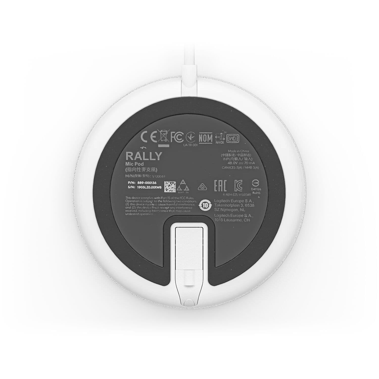 Logitech Rally Mic Pod in white for tabletop conference room audio capture