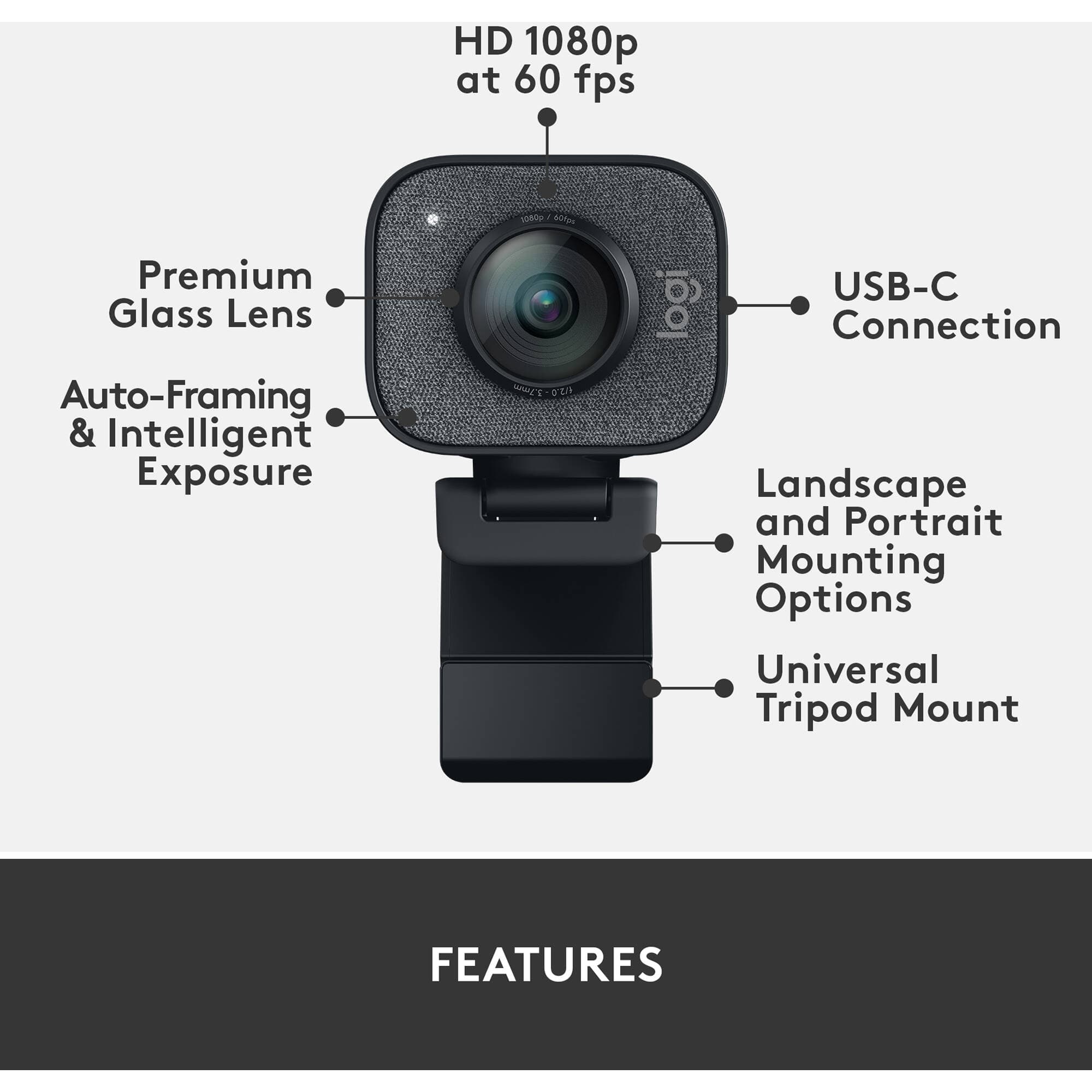 Logitech StreamCam Plus Graphite webcam with USB-C for 1080p 60 fps creator video