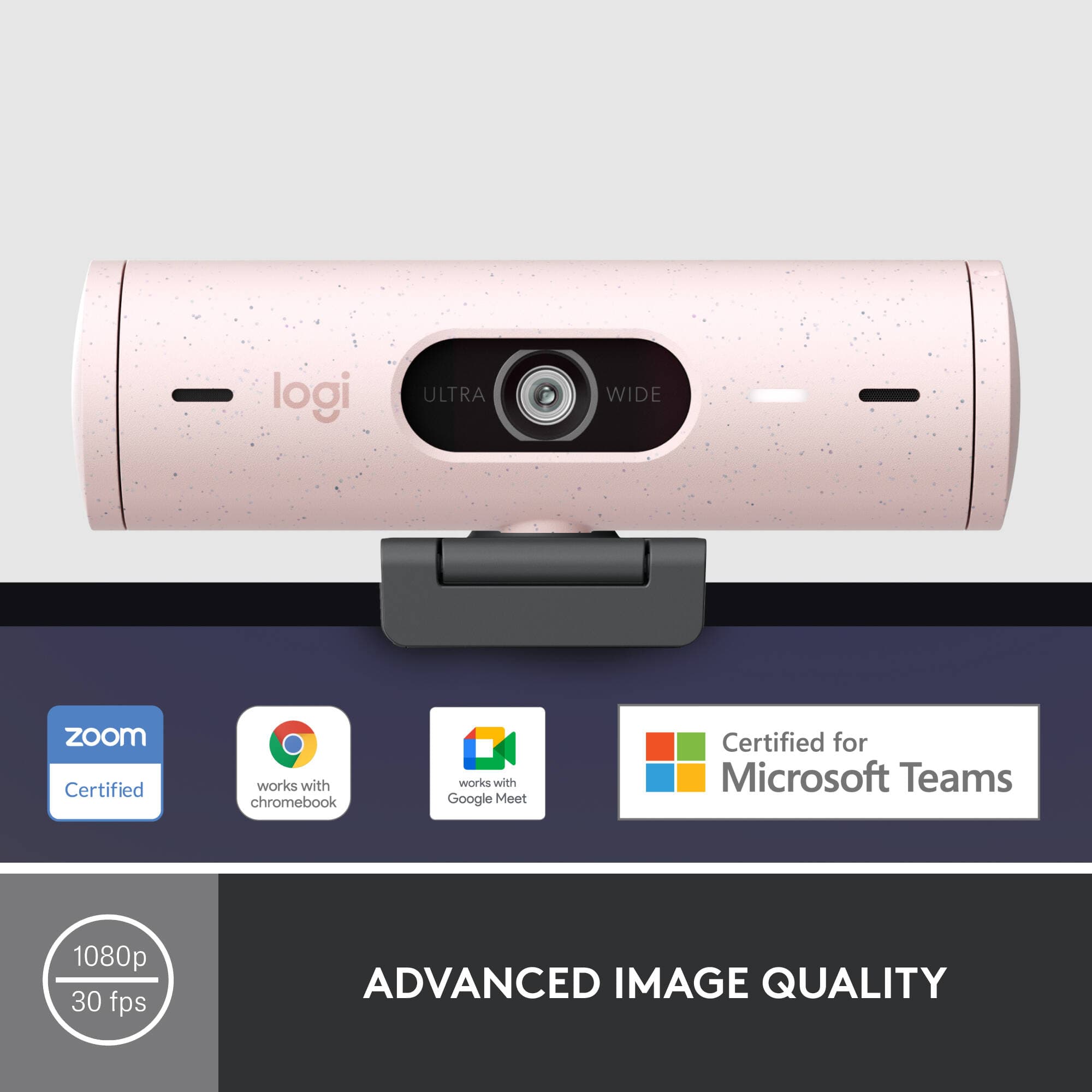 Logitech Brio 500 Webcam in Rose with clip mount for 1080p video calls