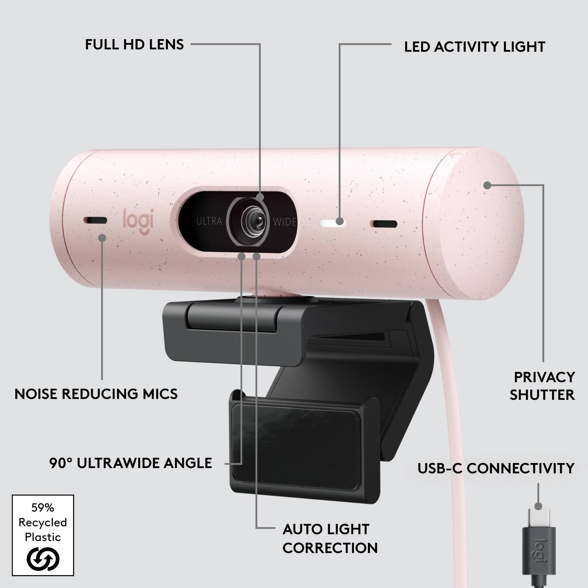 Logitech Brio 500 Webcam in Rose with clip mount for 1080p video calls