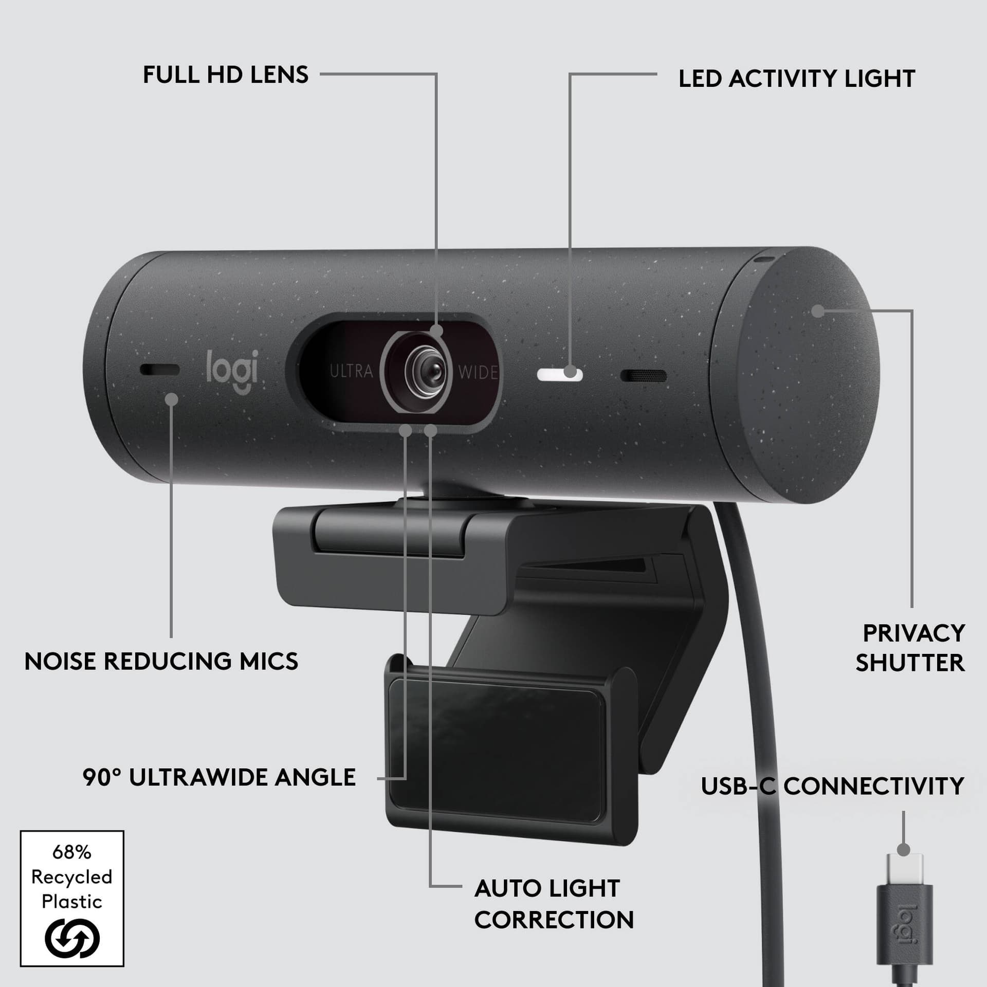Logitech Brio 500 graphite 1080p webcam for video conferencing