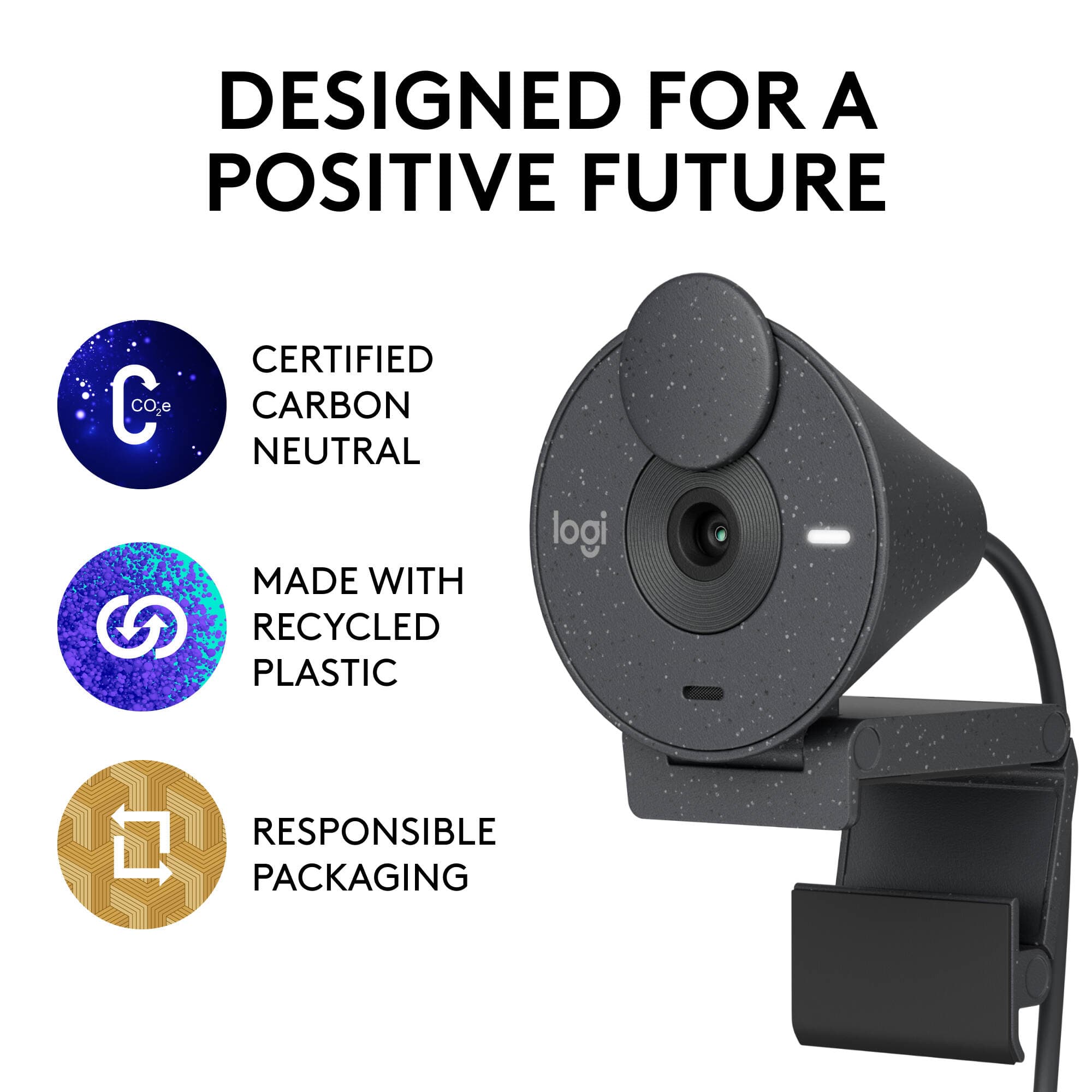 Logitech Brio 300 webcam in graphite with compact clip mount and privacy shutter