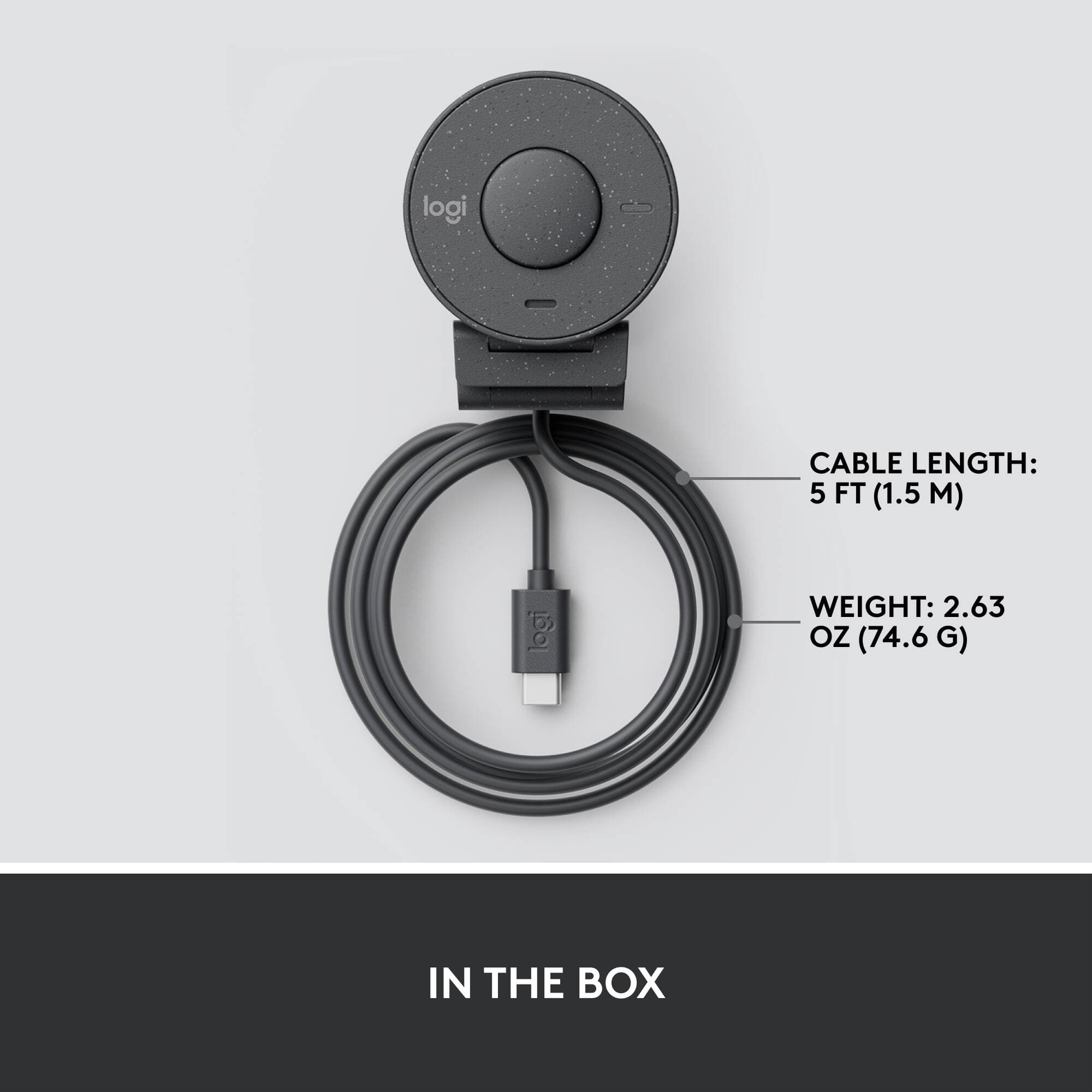 Logitech Brio 300 webcam in graphite with compact clip mount and privacy shutter