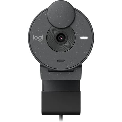 Logitech Brio 300 webcam in graphite with compact clip mount and privacy shutter