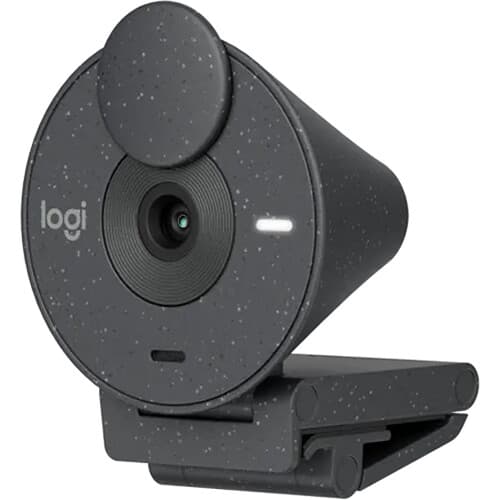 Logitech Brio 300 webcam in graphite with compact clip mount and privacy shutter