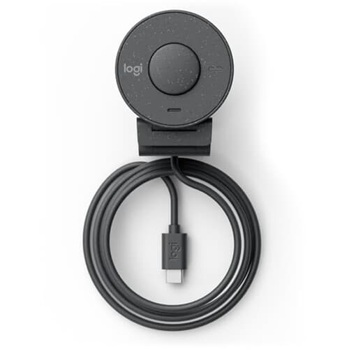Logitech Brio 300 webcam in graphite with compact clip mount and privacy shutter